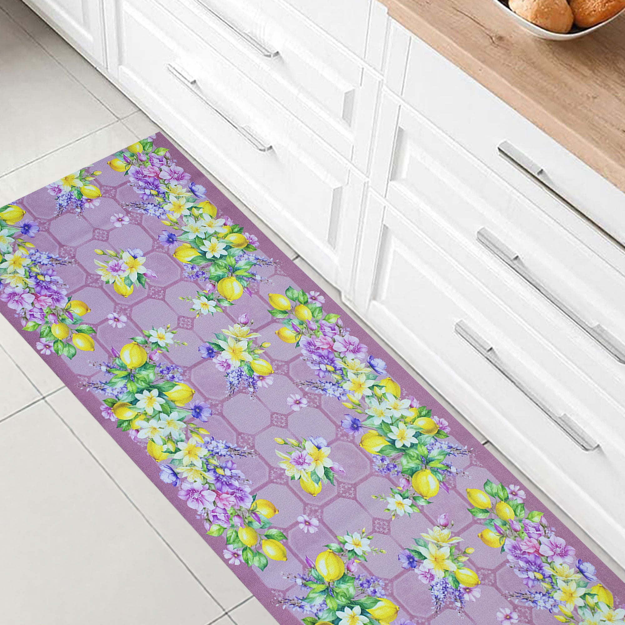 Set 2 Tappetini Cucina Vintage Fiori Selvatici Lavanda Antiscivolo Lavabili 43x121cm + 43x76cm