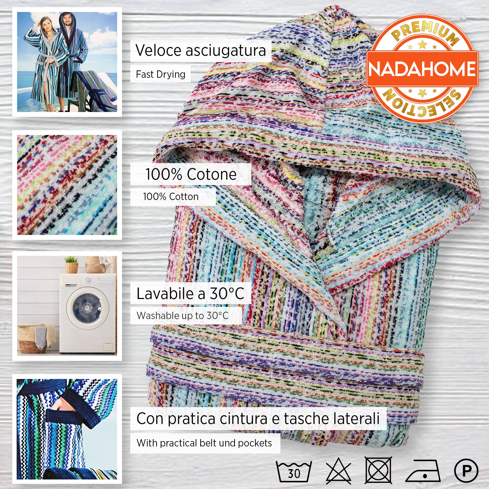 Accappatoio uomo donna in spugna velour cinigliato con cappuccio Jacquard 7126