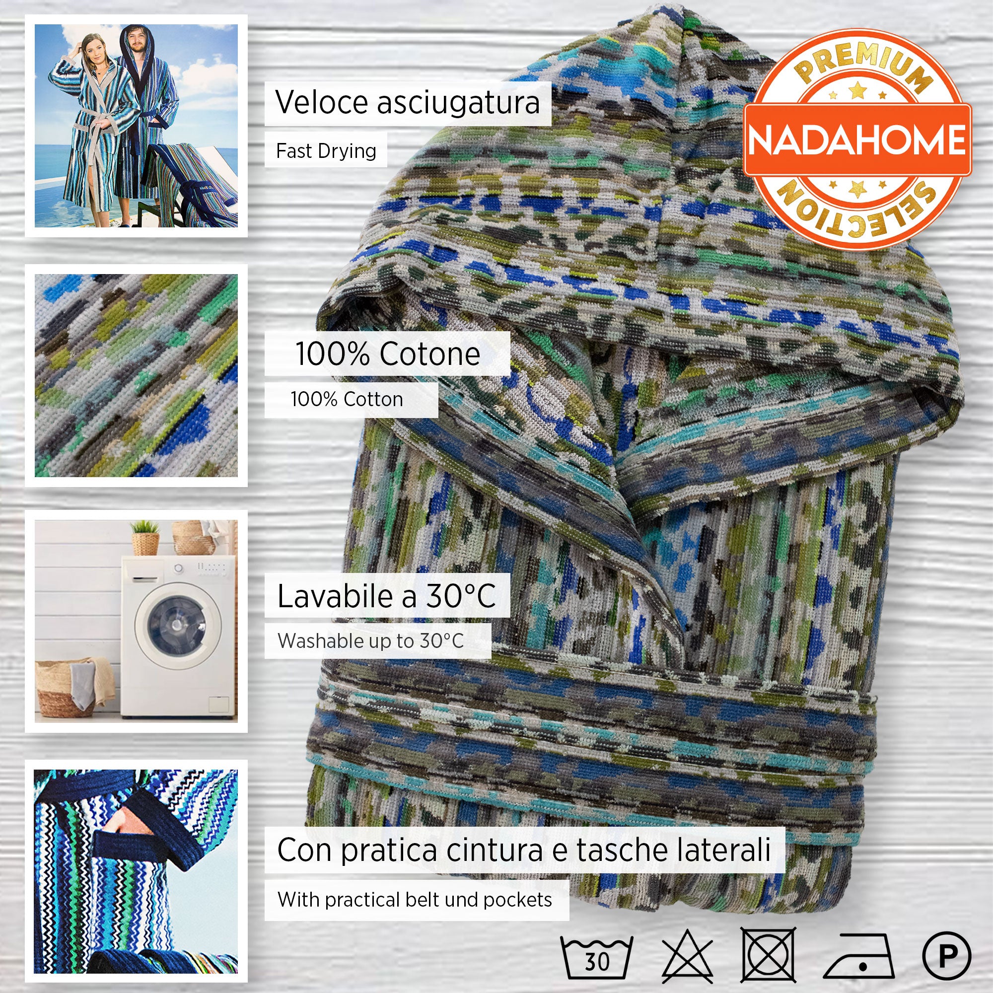 Accappatoio uomo donna in spugna velour cinigliato con cappuccio Jacquard 7126