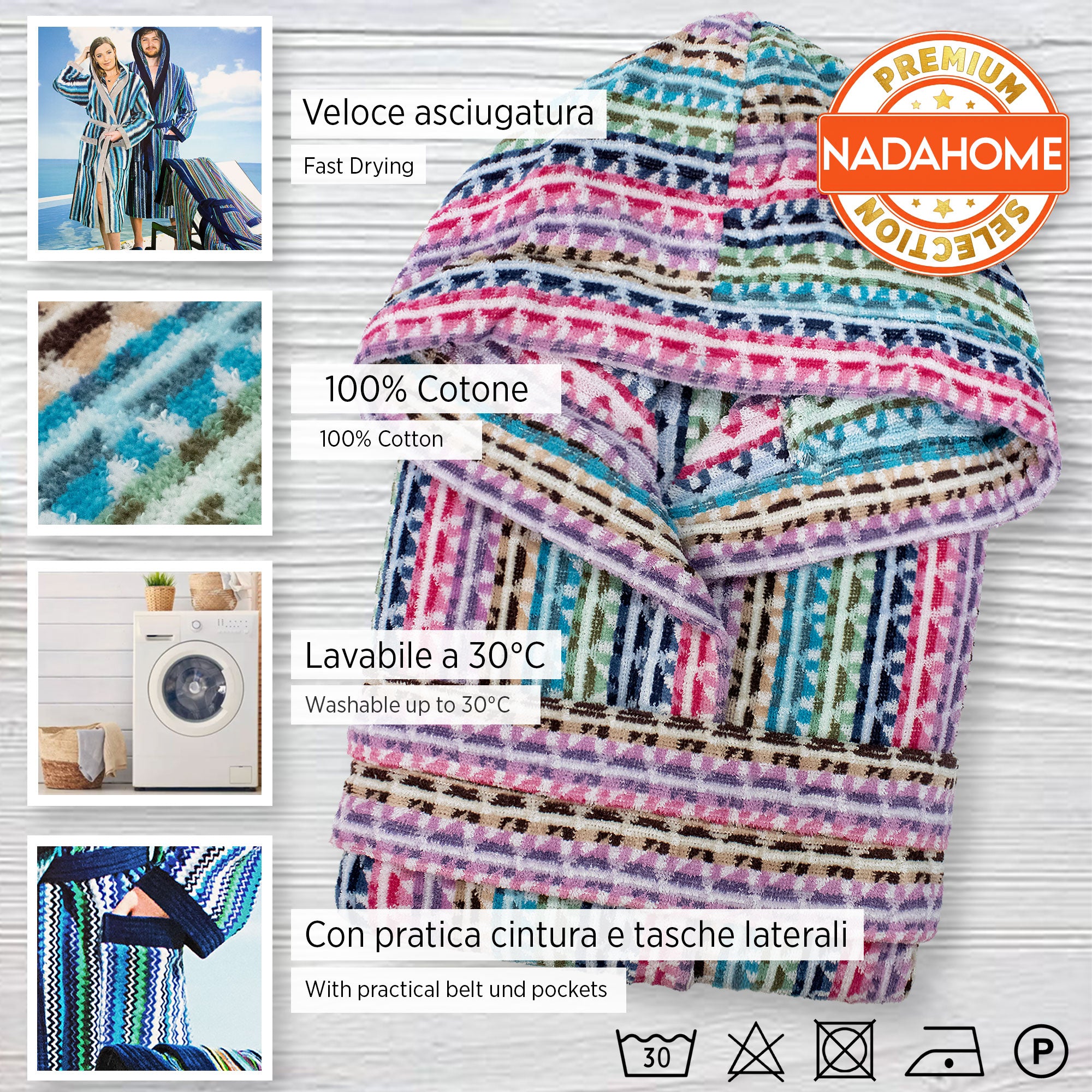 Accappatoio uomo donna in spugna velour cinigliato con cappuccio Jacquard 7126