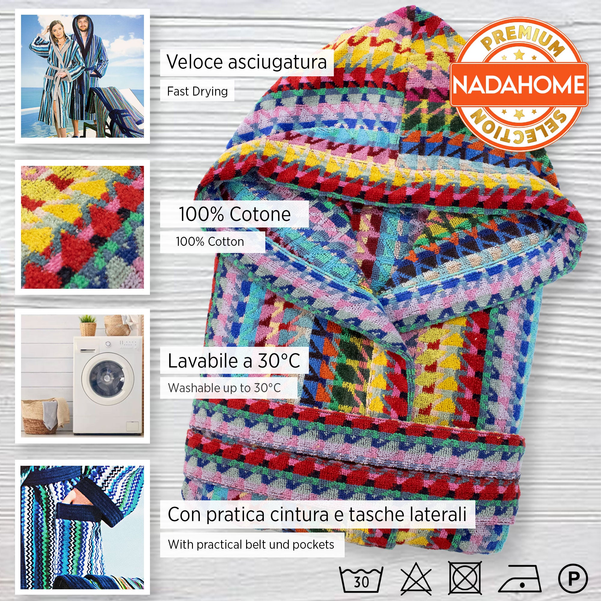 Accappatoio uomo donna in spugna velour cinigliato con cappuccio Jacquard 7126