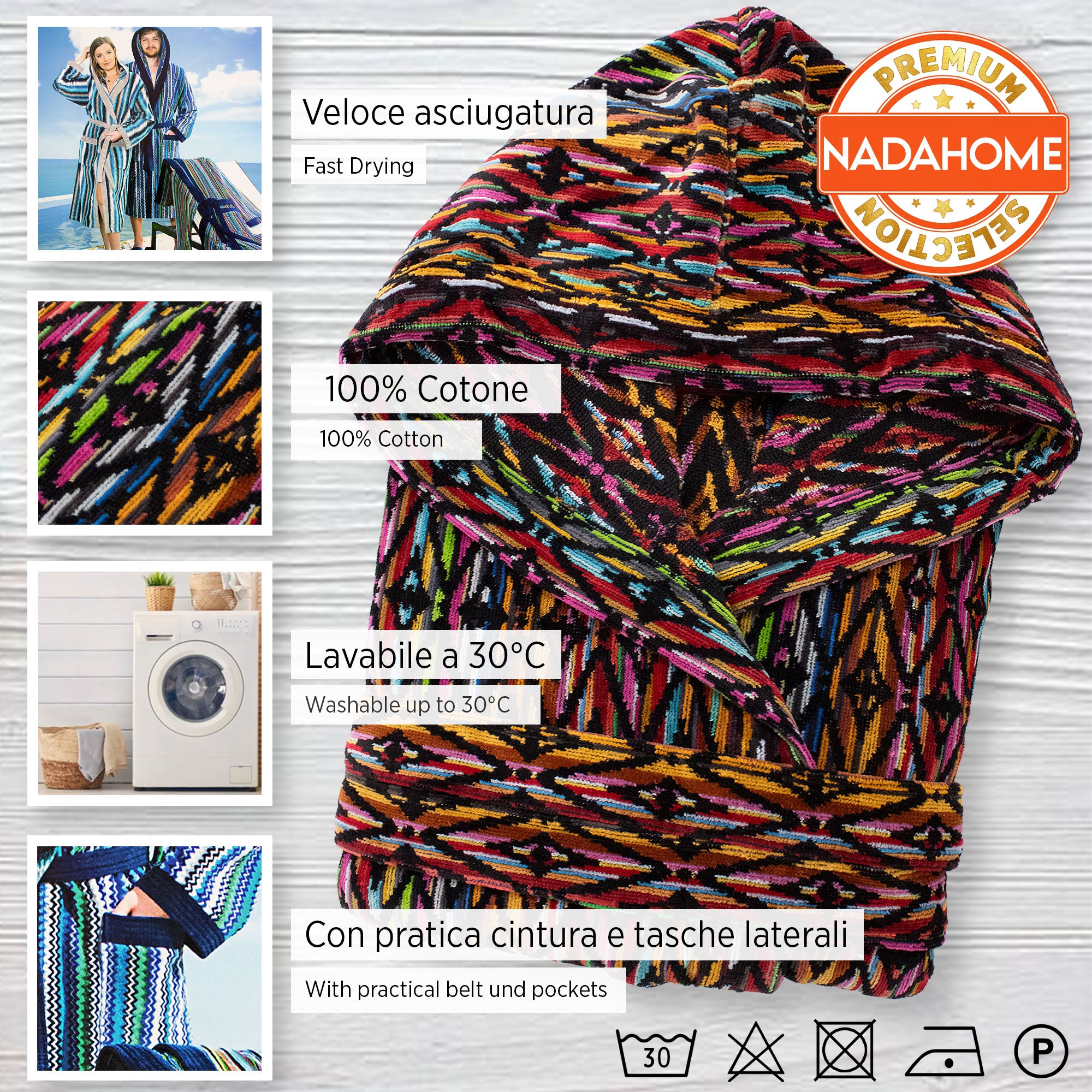 Accappatoio uomo donna in spugna velour cinigliato con cappuccio Jacquard 7126