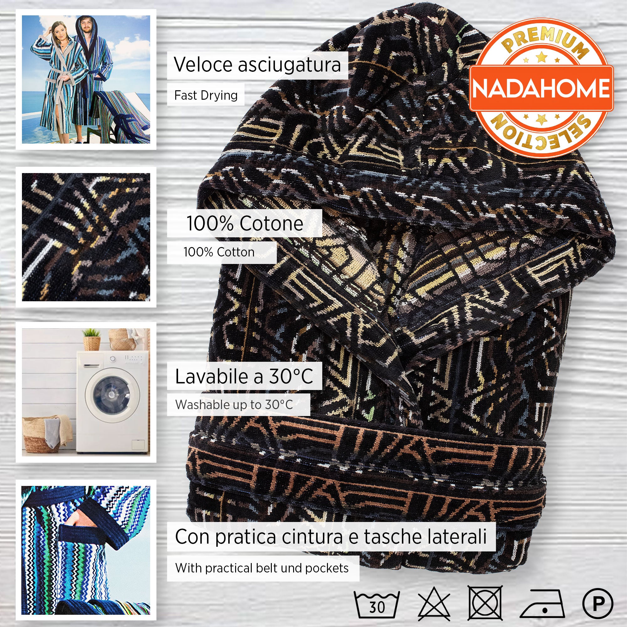 Accappatoio uomo donna in spugna velour cinigliato con cappuccio Jacquard 7126