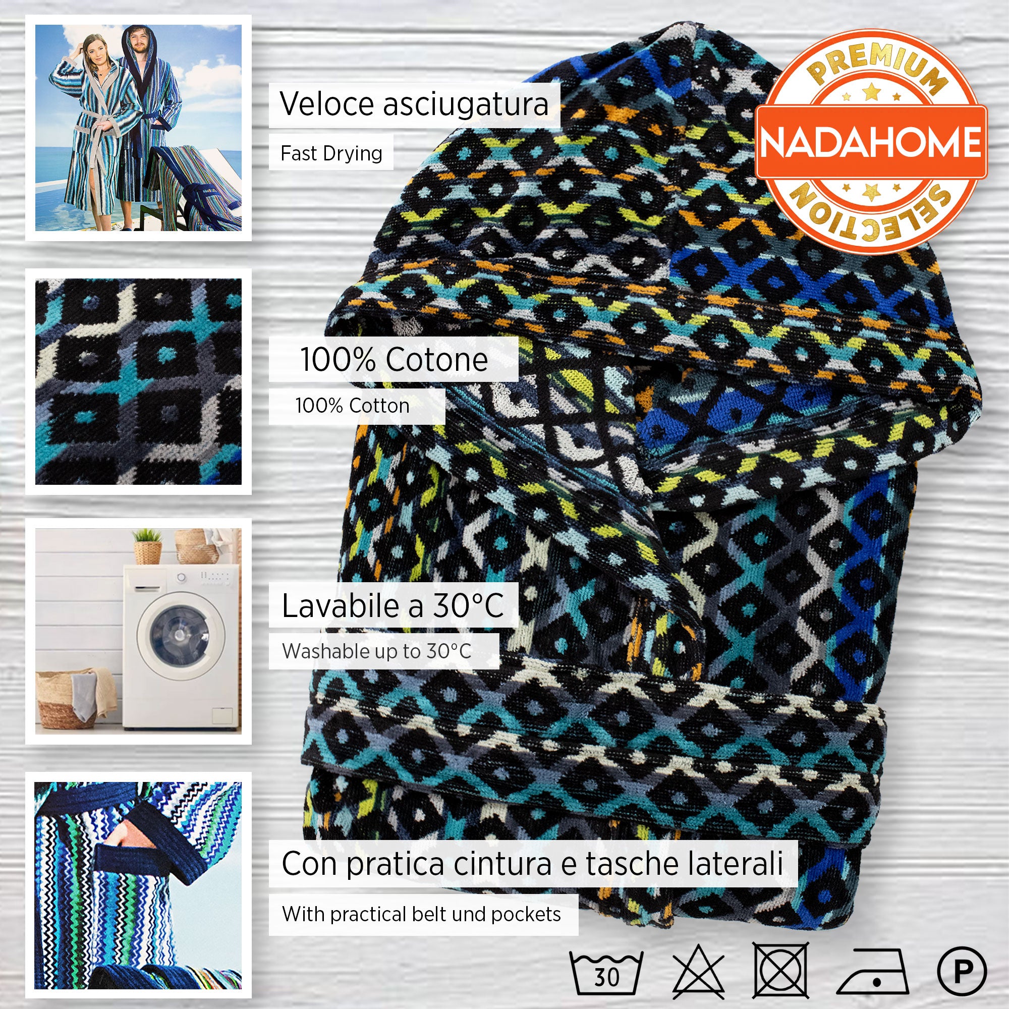 Accappatoio uomo donna in spugna velour cinigliato con cappuccio Jacquard 7126