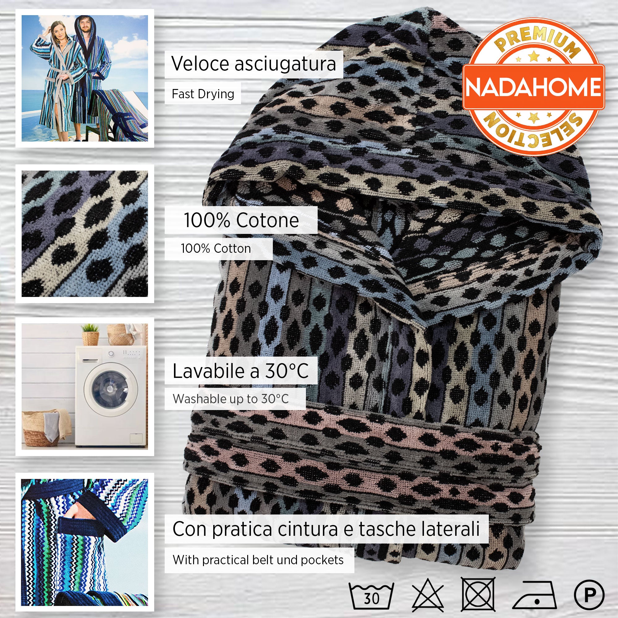 Accappatoio uomo donna in spugna velour cinigliato con cappuccio Jacquard 7126