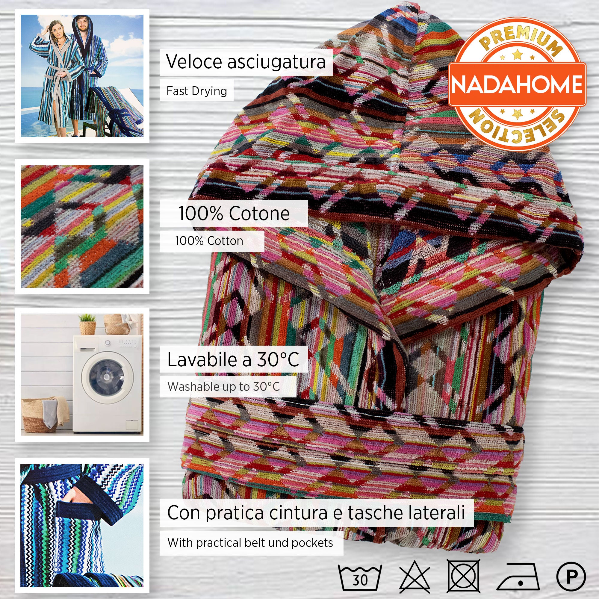 Accappatoio uomo donna in spugna velour cinigliato con cappuccio Jacquard 7126