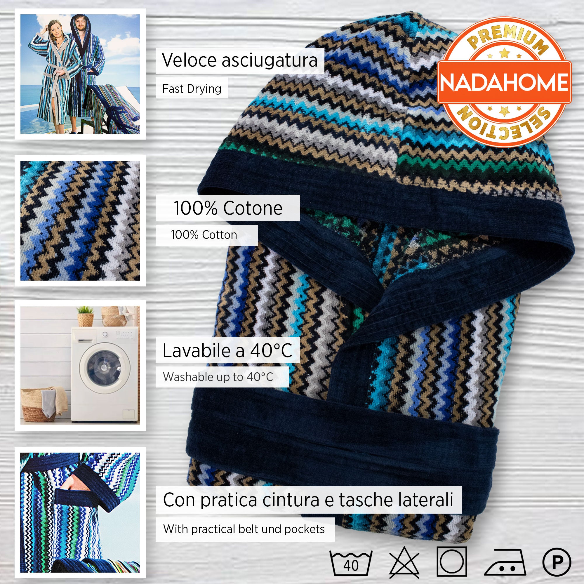 Accappatoio uomo donna in spugna velour cinigliato con cappuccio Jacquard 7126