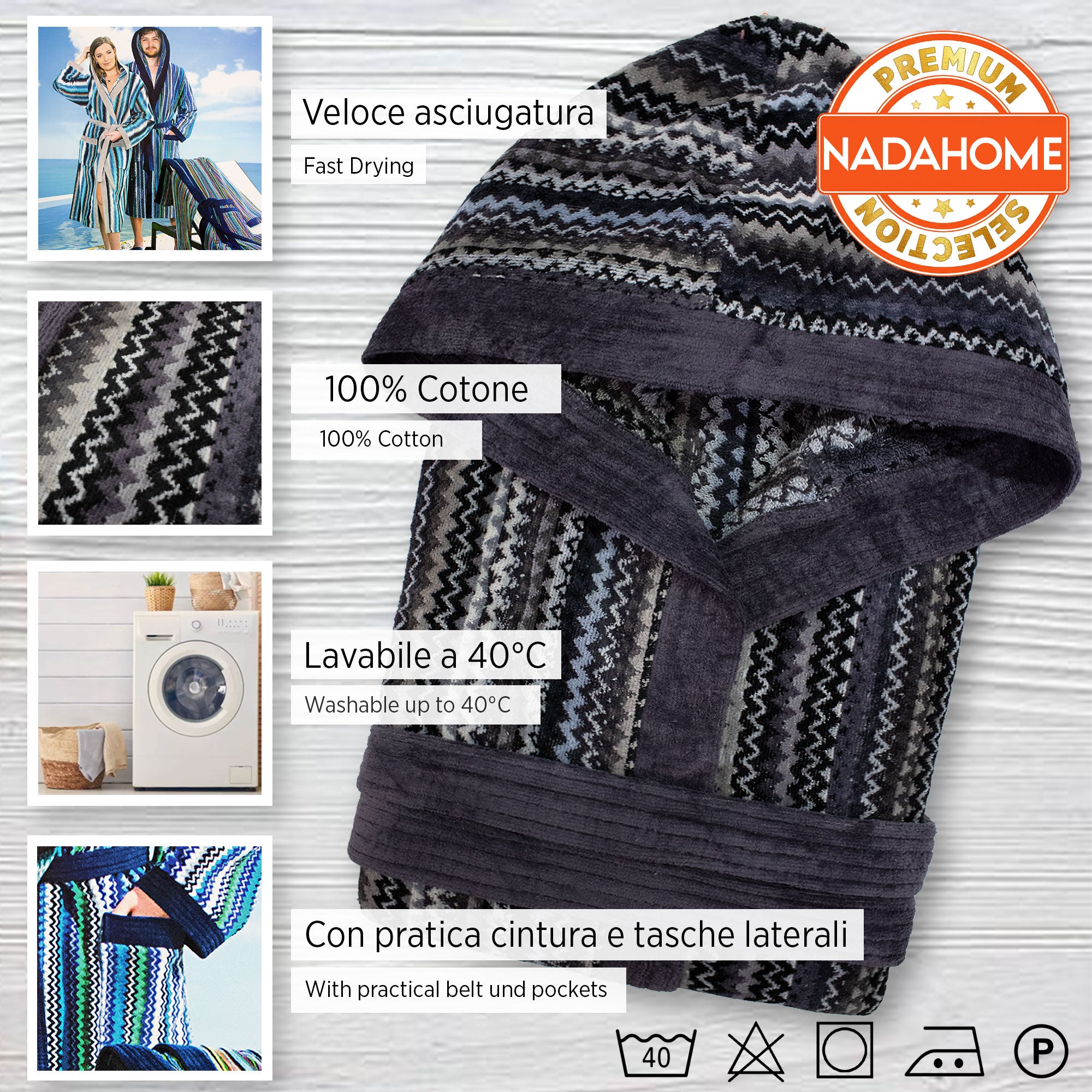 Accappatoio uomo donna in spugna velour cinigliato con cappuccio Jacquard 7126