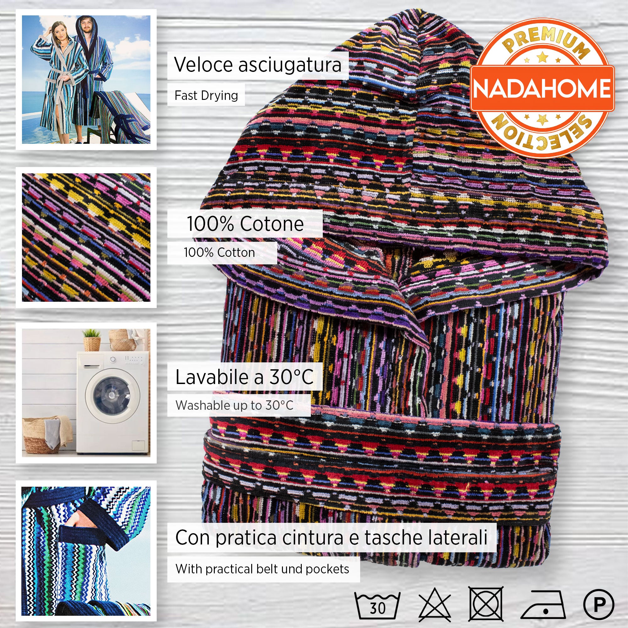 Accappatoio uomo donna in spugna velour cinigliato con cappuccio Jacquard 7126