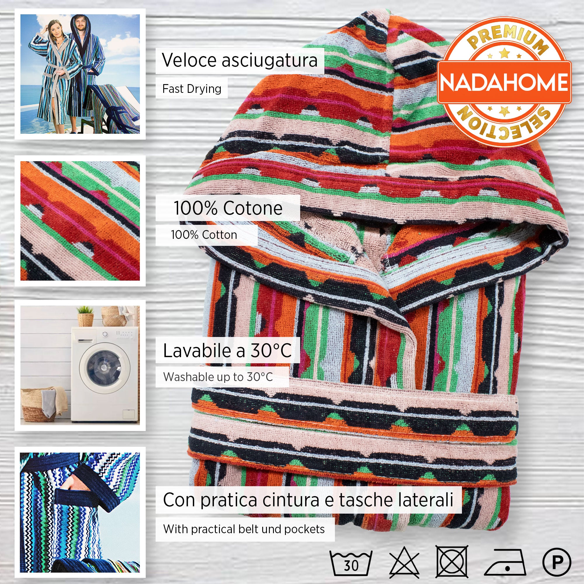 Accappatoio uomo donna in spugna velour cinigliato con cappuccio Jacquard 7126