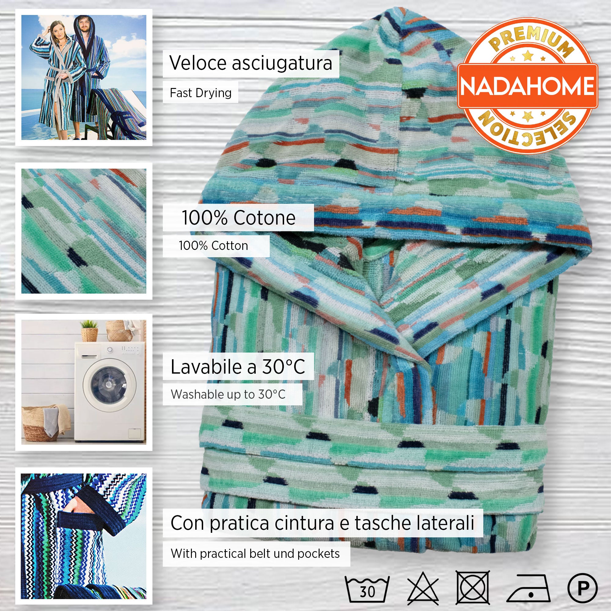 Accappatoio uomo donna in spugna velour cinigliato con cappuccio Jacquard 7126