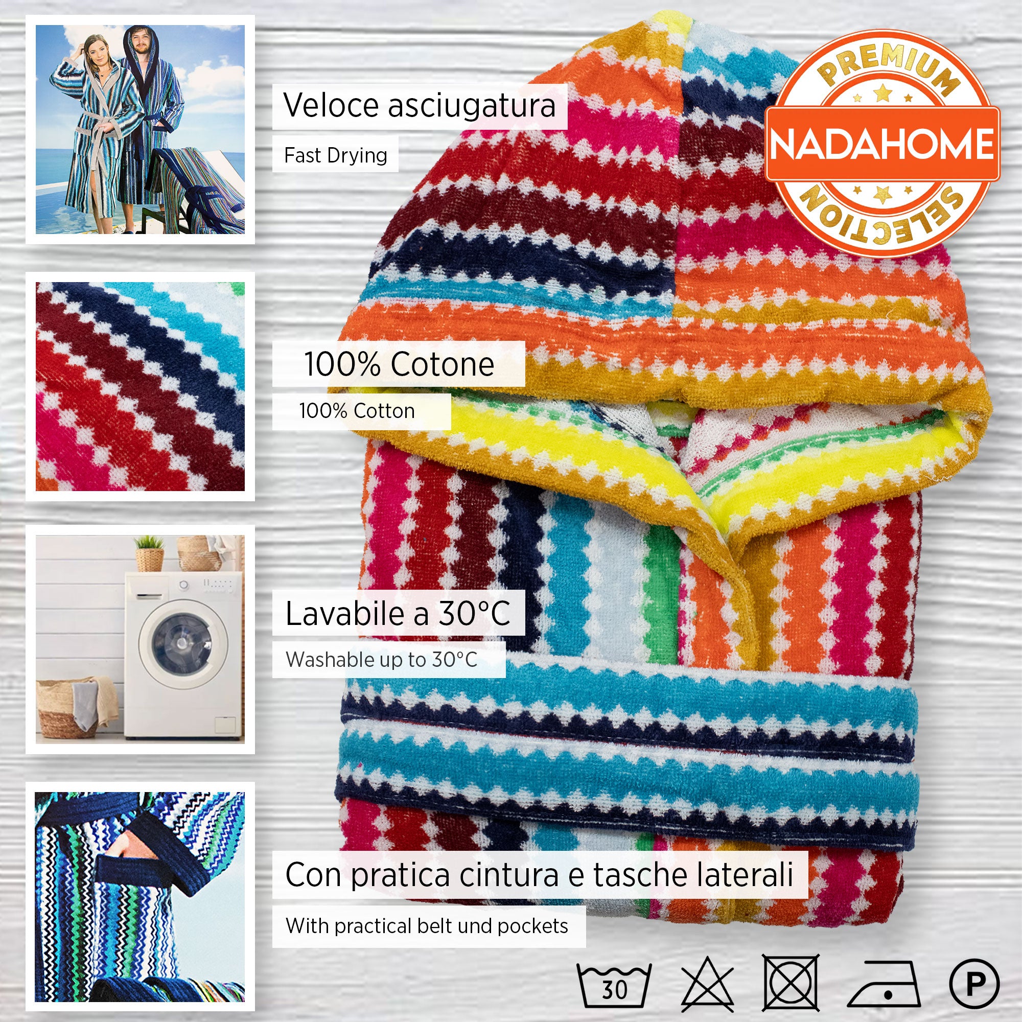 Accappatoio uomo donna in spugna velour cinigliato con cappuccio Jacquard 7126