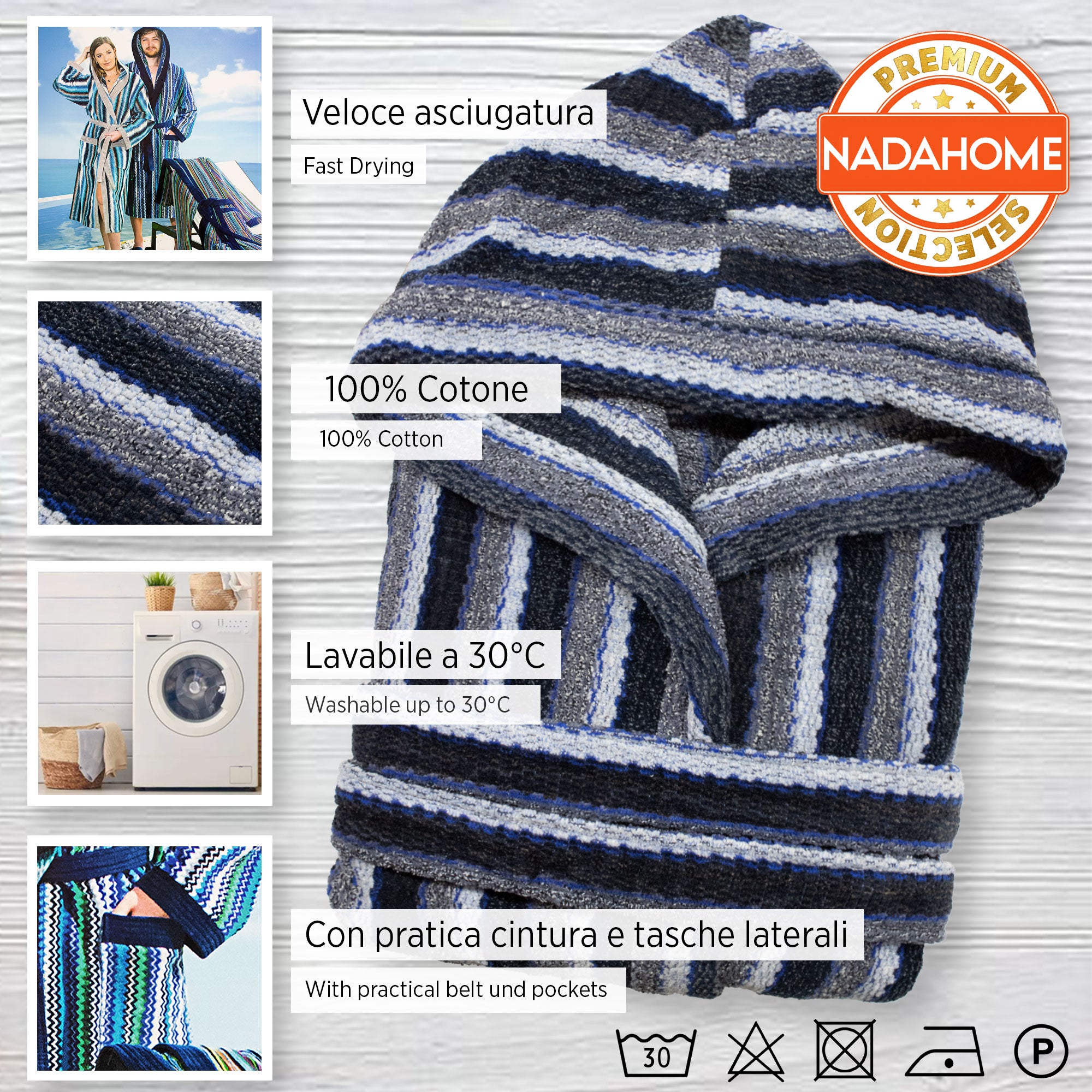 Accappatoio uomo donna in spugna velour cinigliato con cappuccio Jacquard 7126