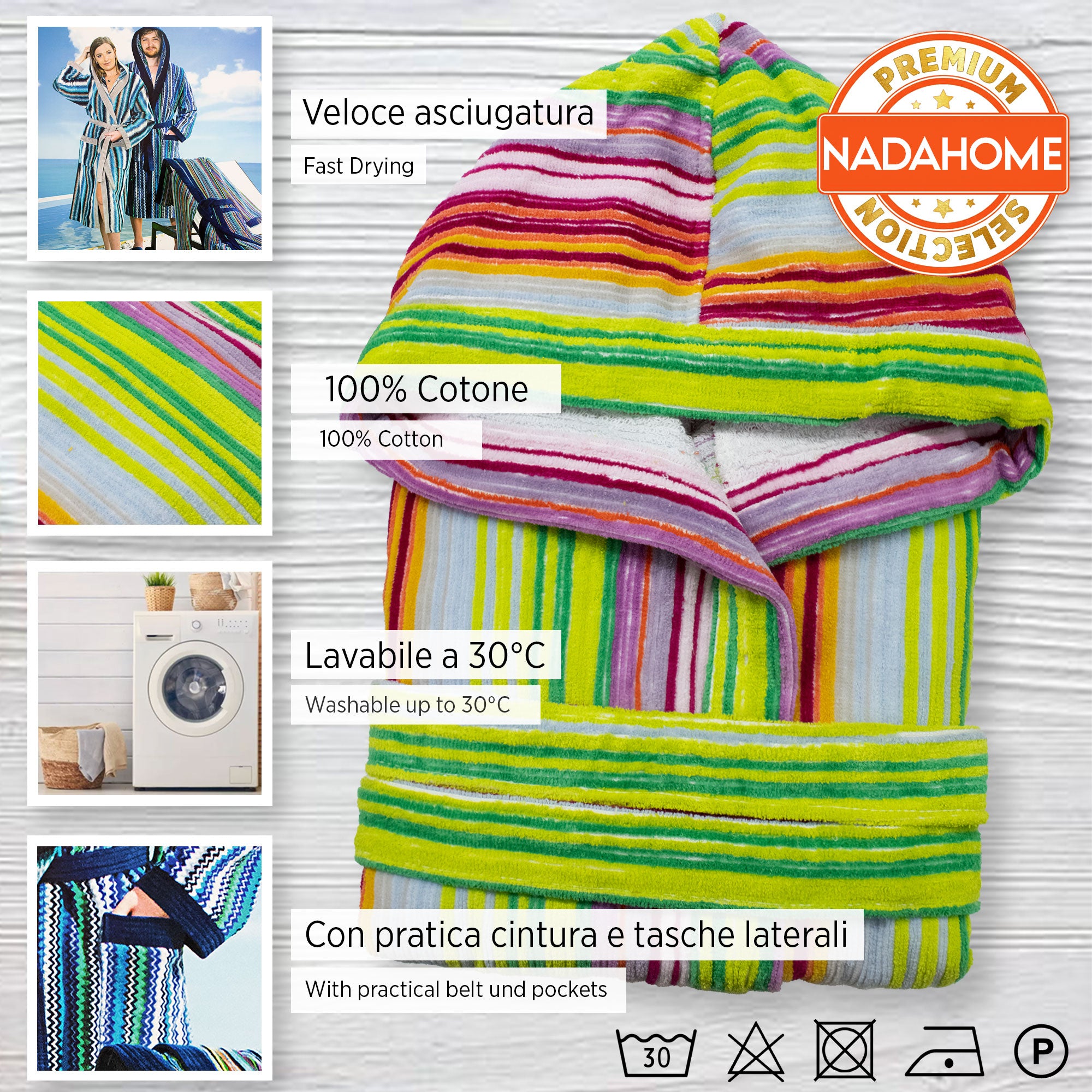 Accappatoio uomo donna in spugna velour cinigliato con cappuccio Jacquard 7126