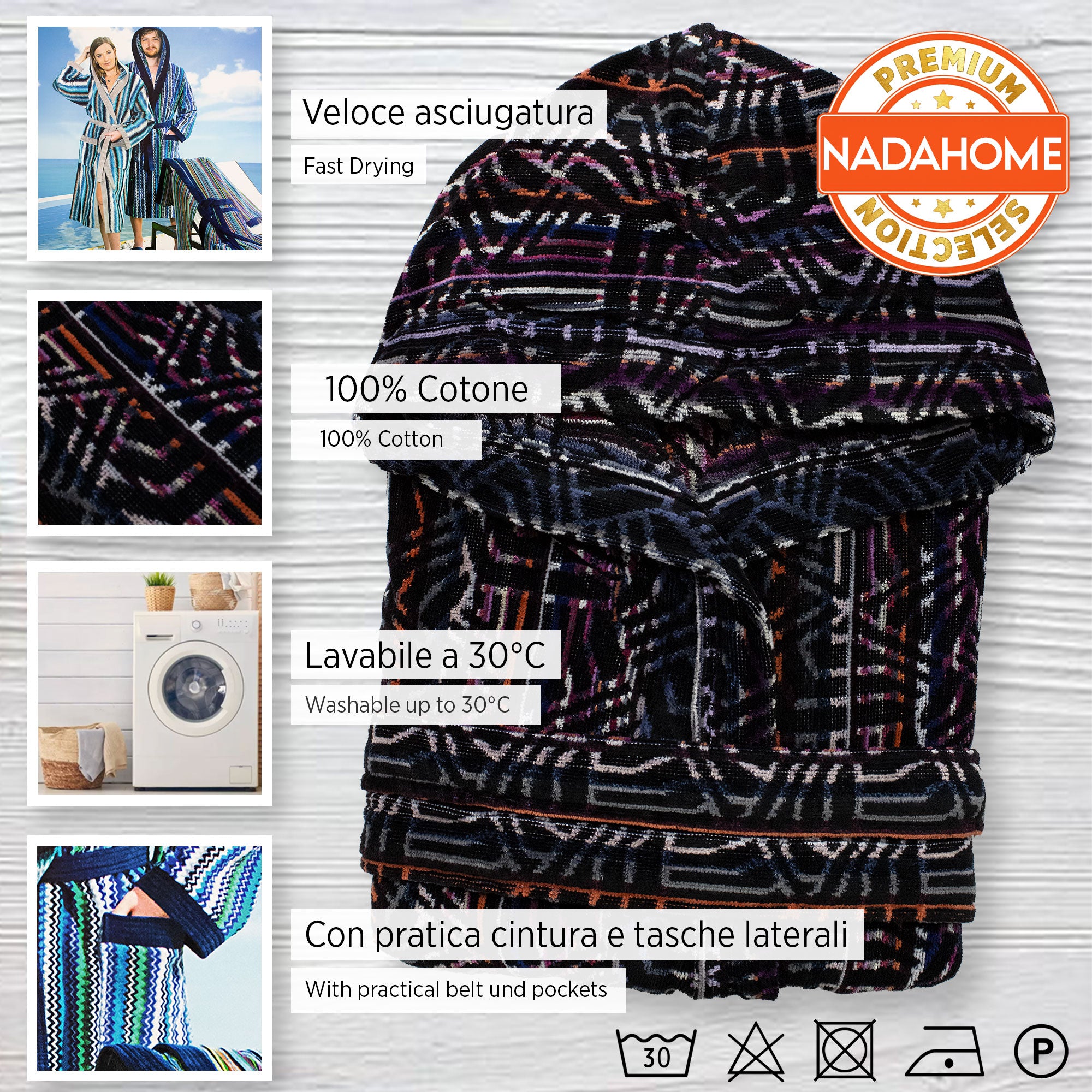 Accappatoio uomo donna in spugna velour cinigliato con cappuccio Jacquard 7126