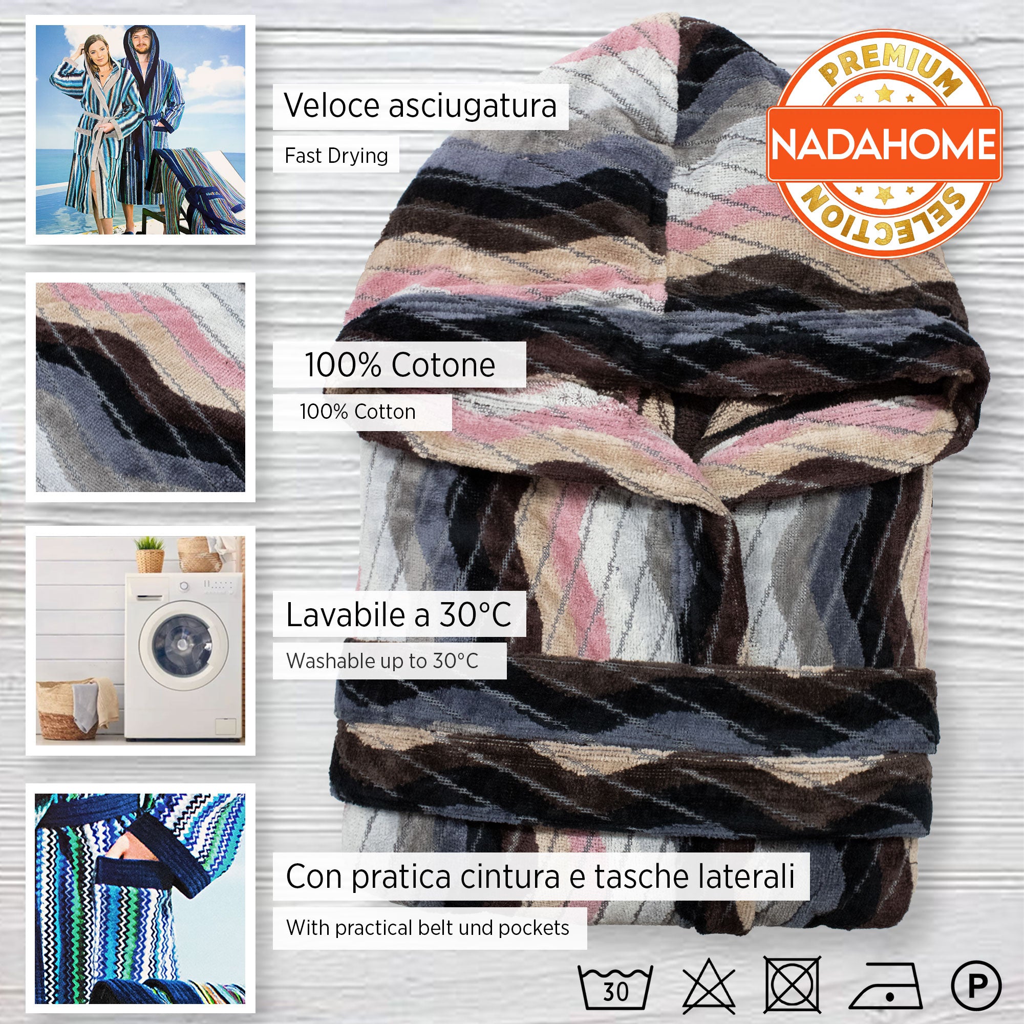 Accappatoio uomo donna in spugna velour cinigliato con cappuccio Jacquard 7126