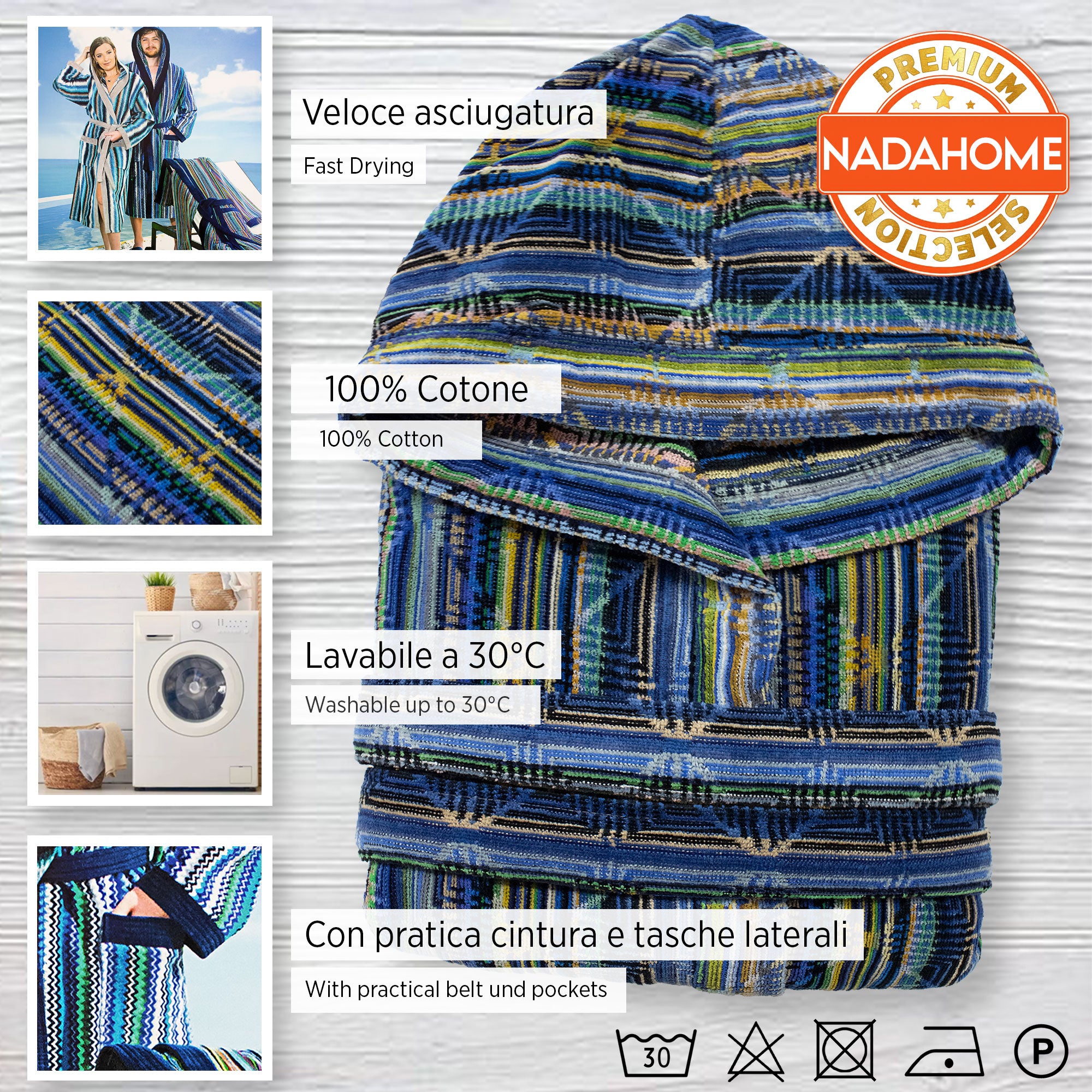 Accappatoio uomo donna in spugna velour cinigliato con cappuccio Jacquard 7126