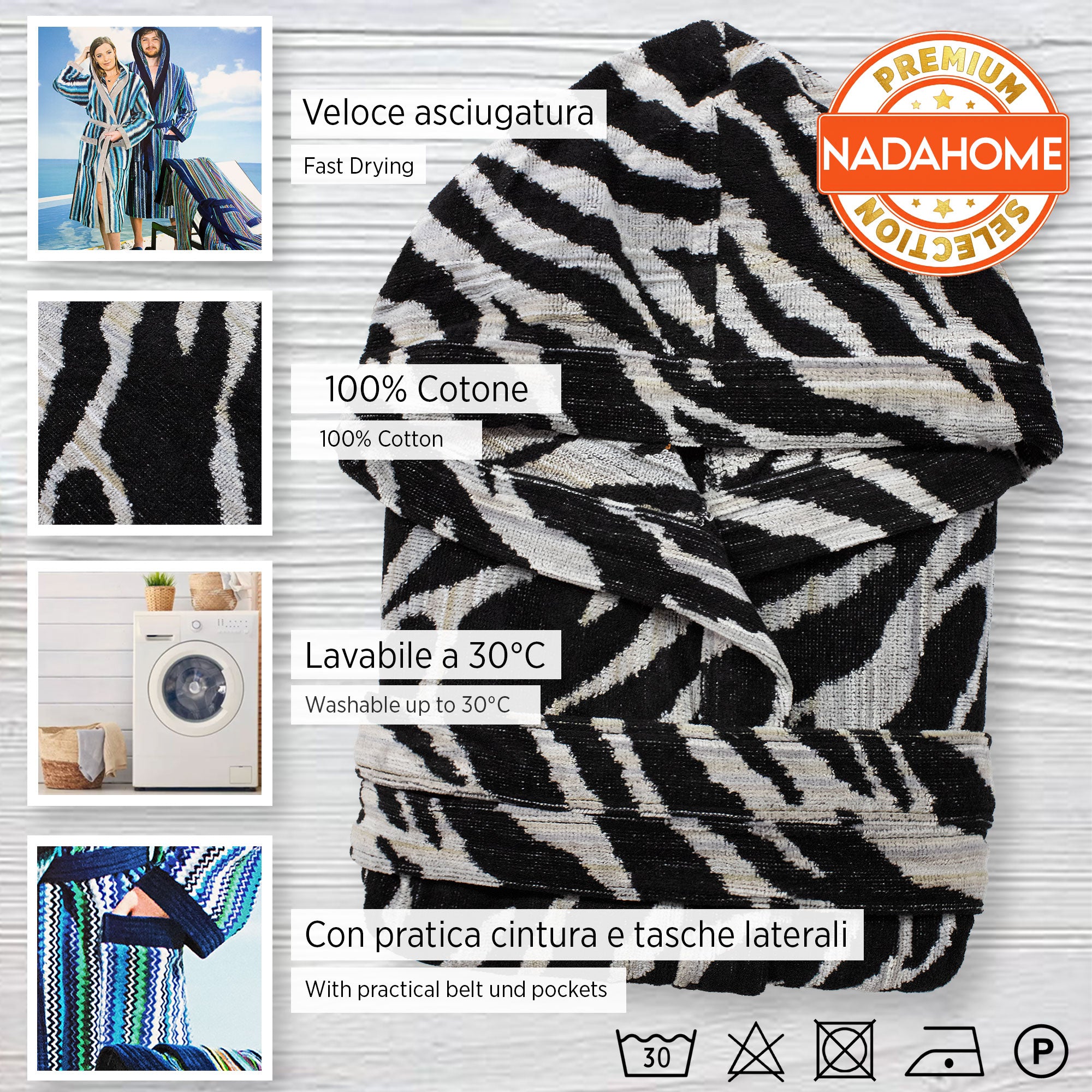 Accappatoio uomo donna in spugna velour cinigliato con cappuccio Jacquard 7126