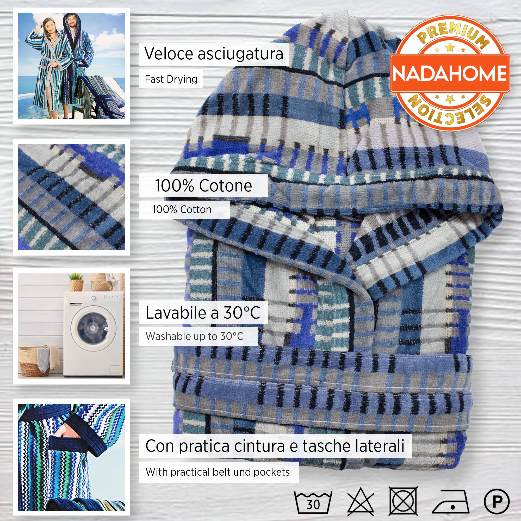 Accappatoio uomo donna in spugna velour cinigliato con cappuccio Jacquard 7126