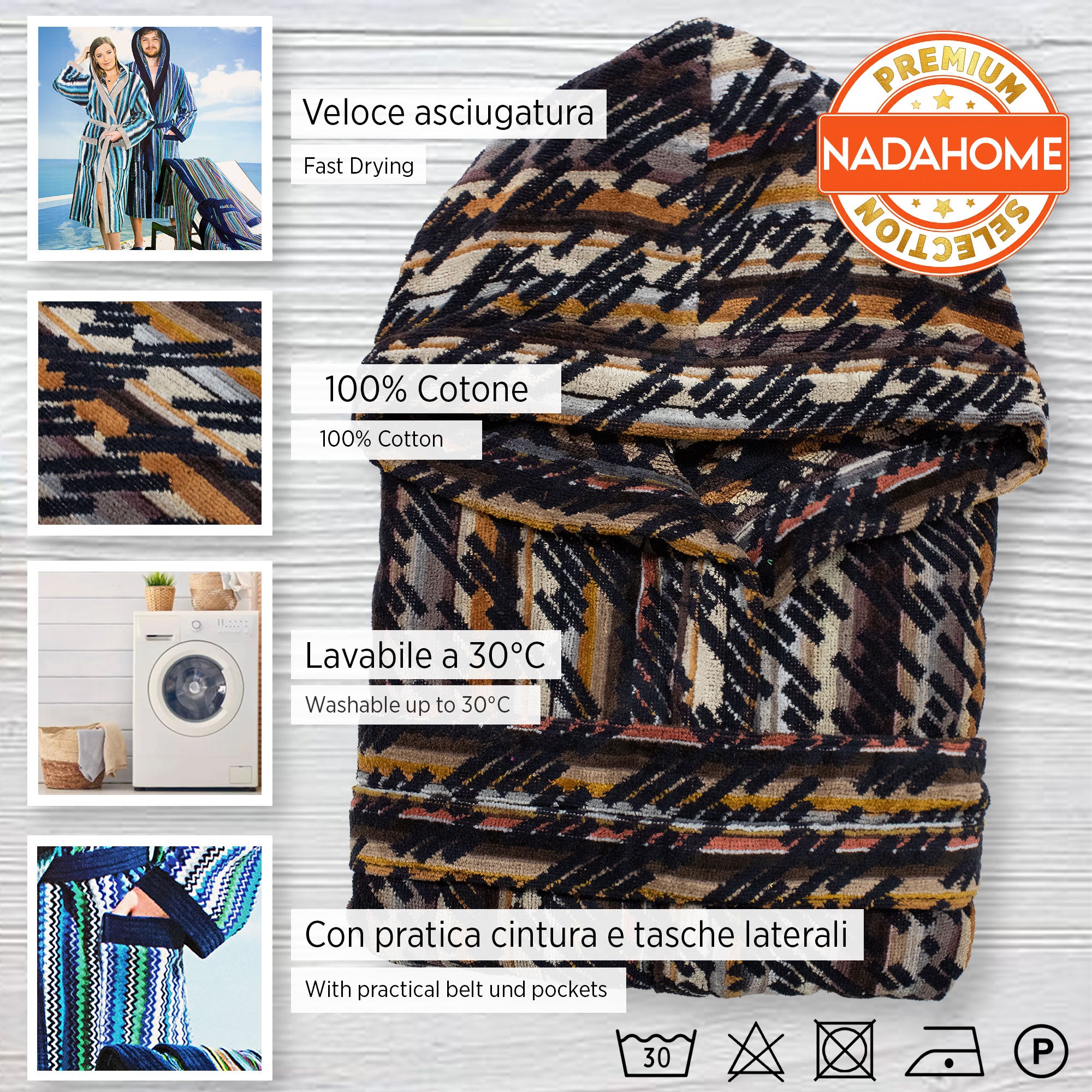 Accappatoio uomo donna in spugna velour cinigliato con cappuccio Jacquard 7126