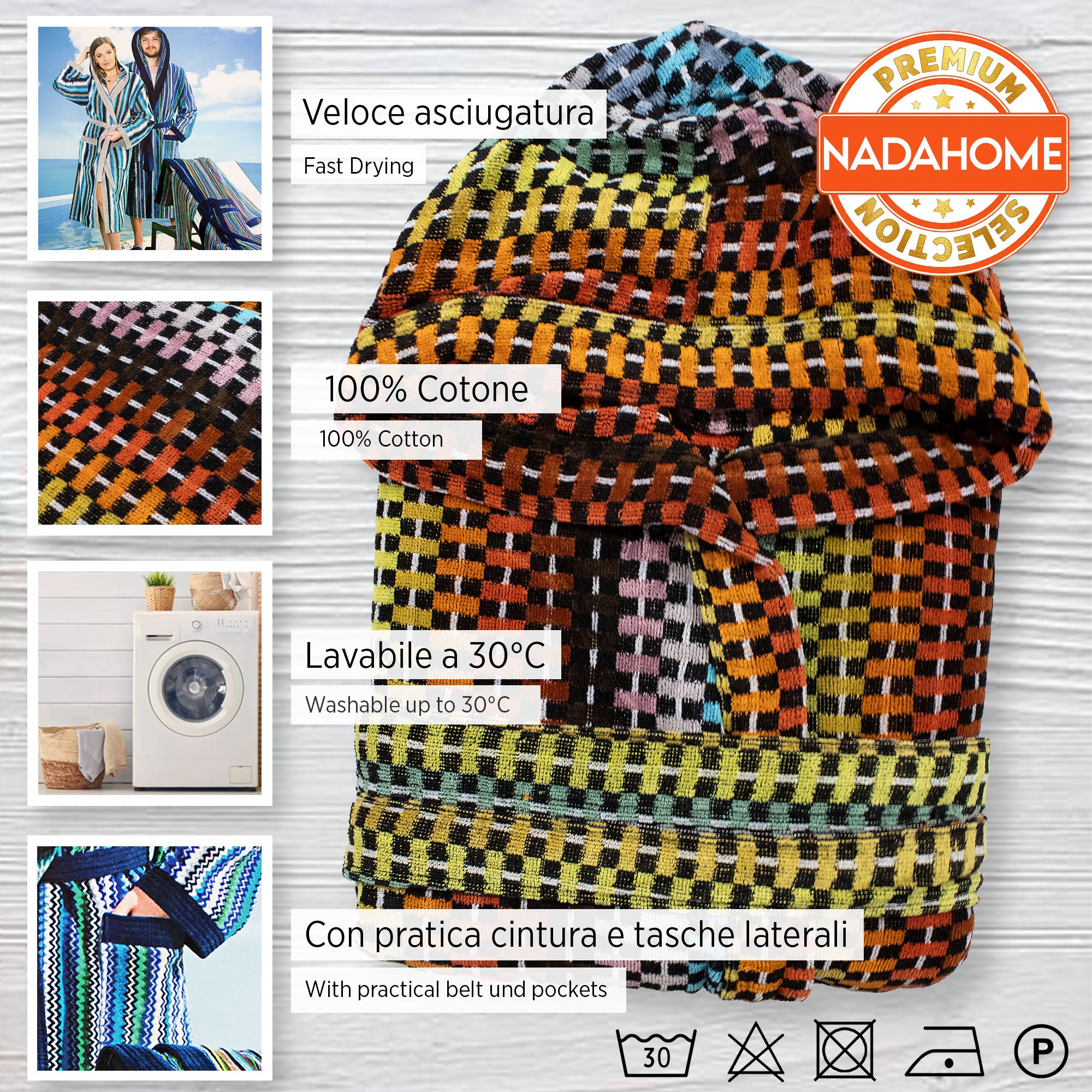 Accappatoio uomo donna in spugna velour cinigliato con cappuccio Jacquard 7126