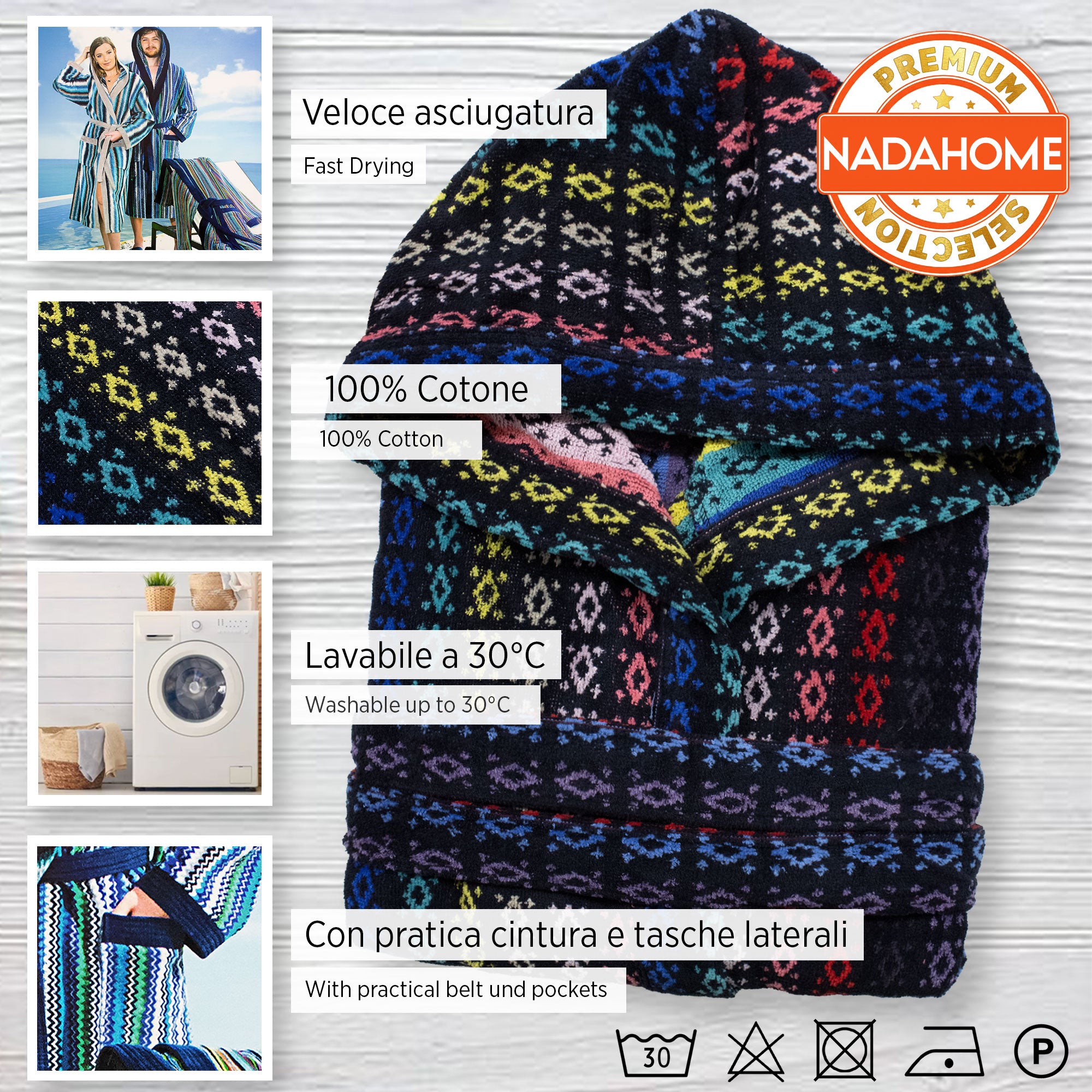 Accappatoio uomo donna in spugna velour cinigliato con cappuccio Jacquard 7126