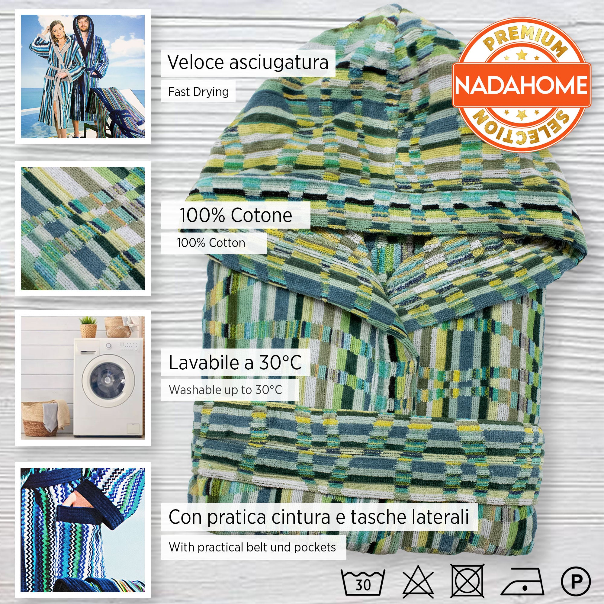 Accappatoio uomo donna in spugna velour cinigliato con cappuccio Jacquard 7126