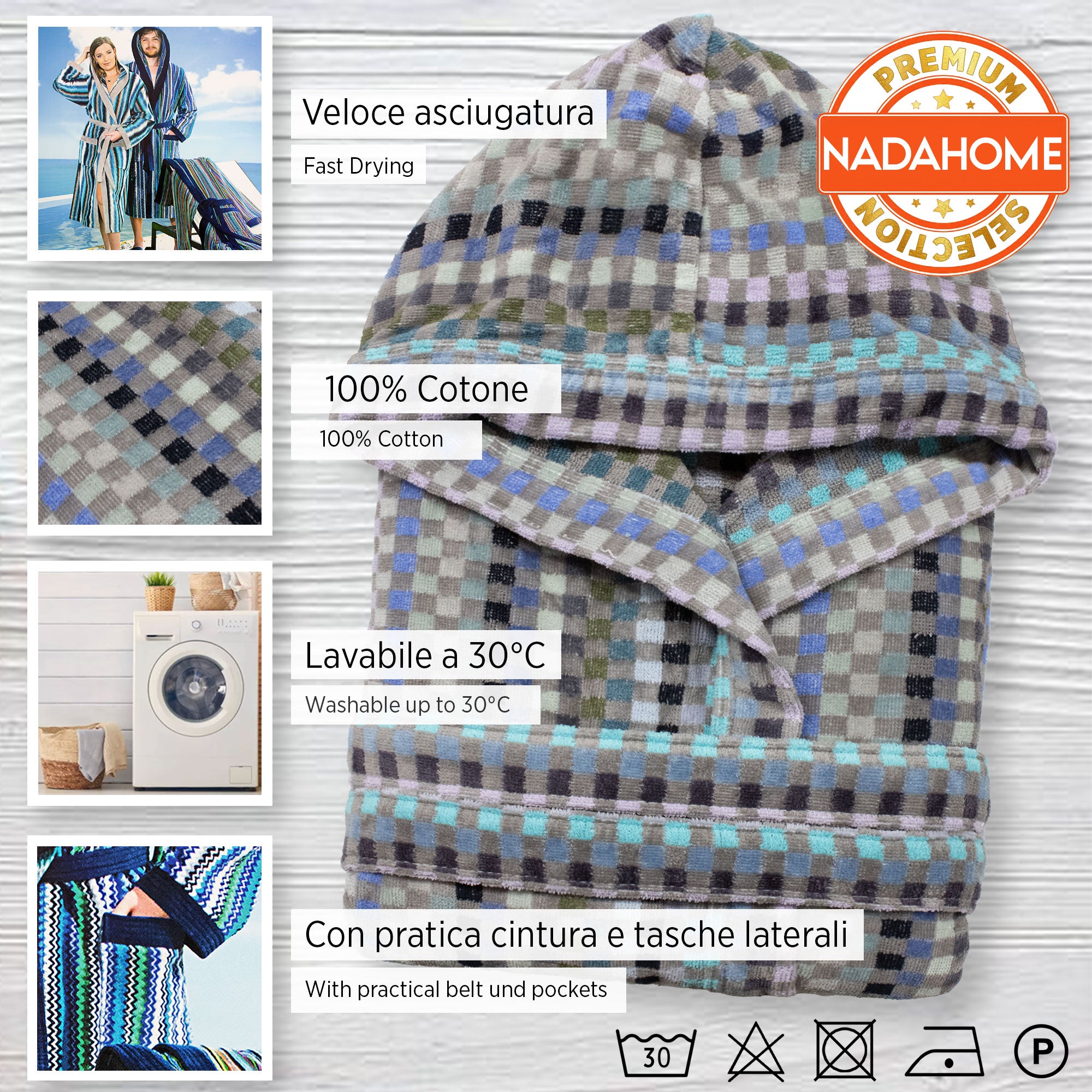 Accappatoio uomo donna in spugna velour cinigliato con cappuccio Jacquard 7126