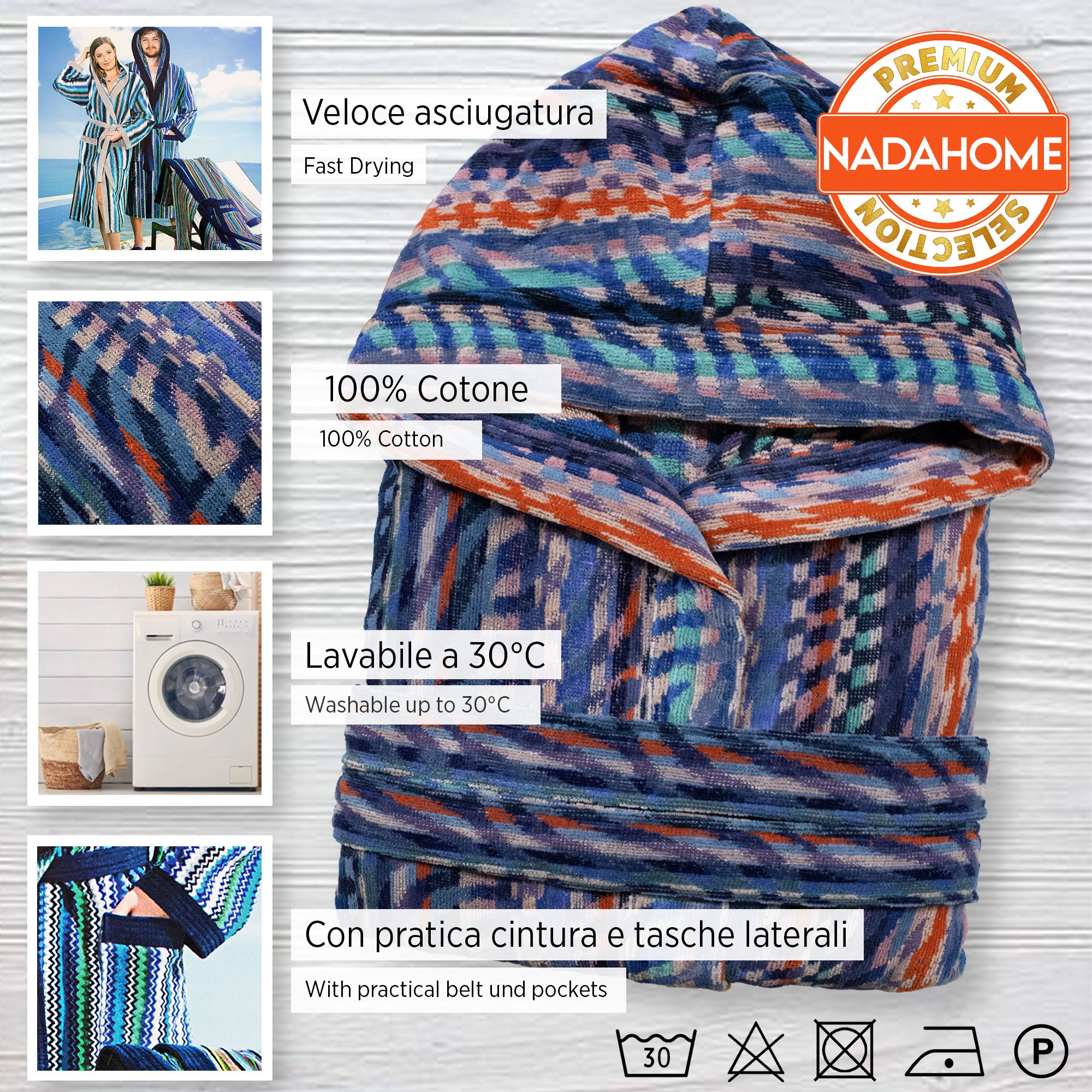 Accappatoio uomo donna in spugna velour cinigliato con cappuccio Jacquard 7126