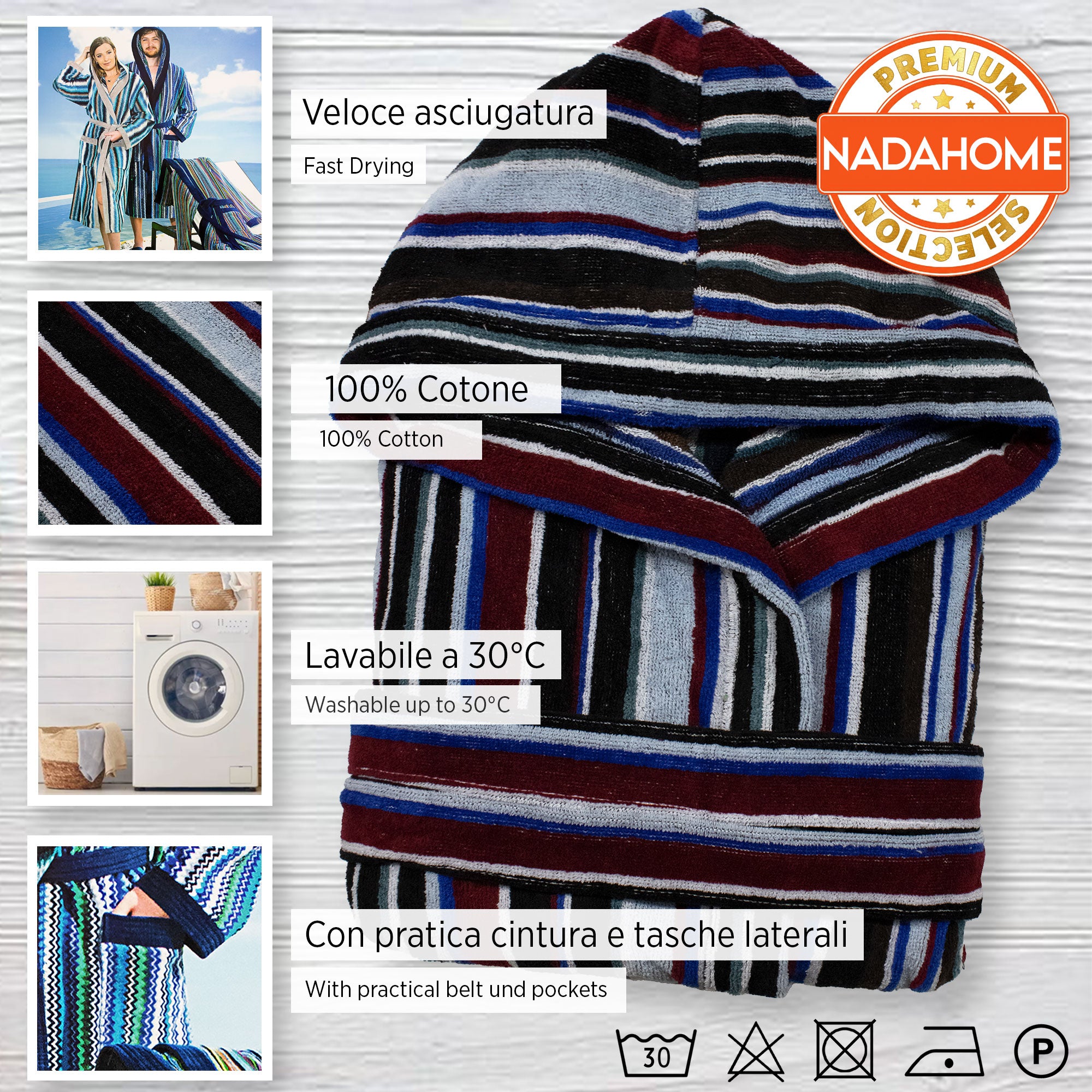 Accappatoio uomo donna in spugna velour cinigliato con cappuccio Jacquard 7126