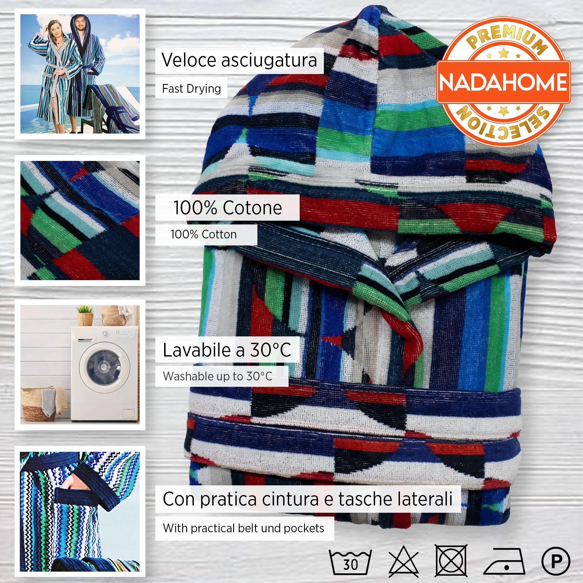 Accappatoio uomo donna in spugna velour cinigliato con cappuccio Jacquard 7126