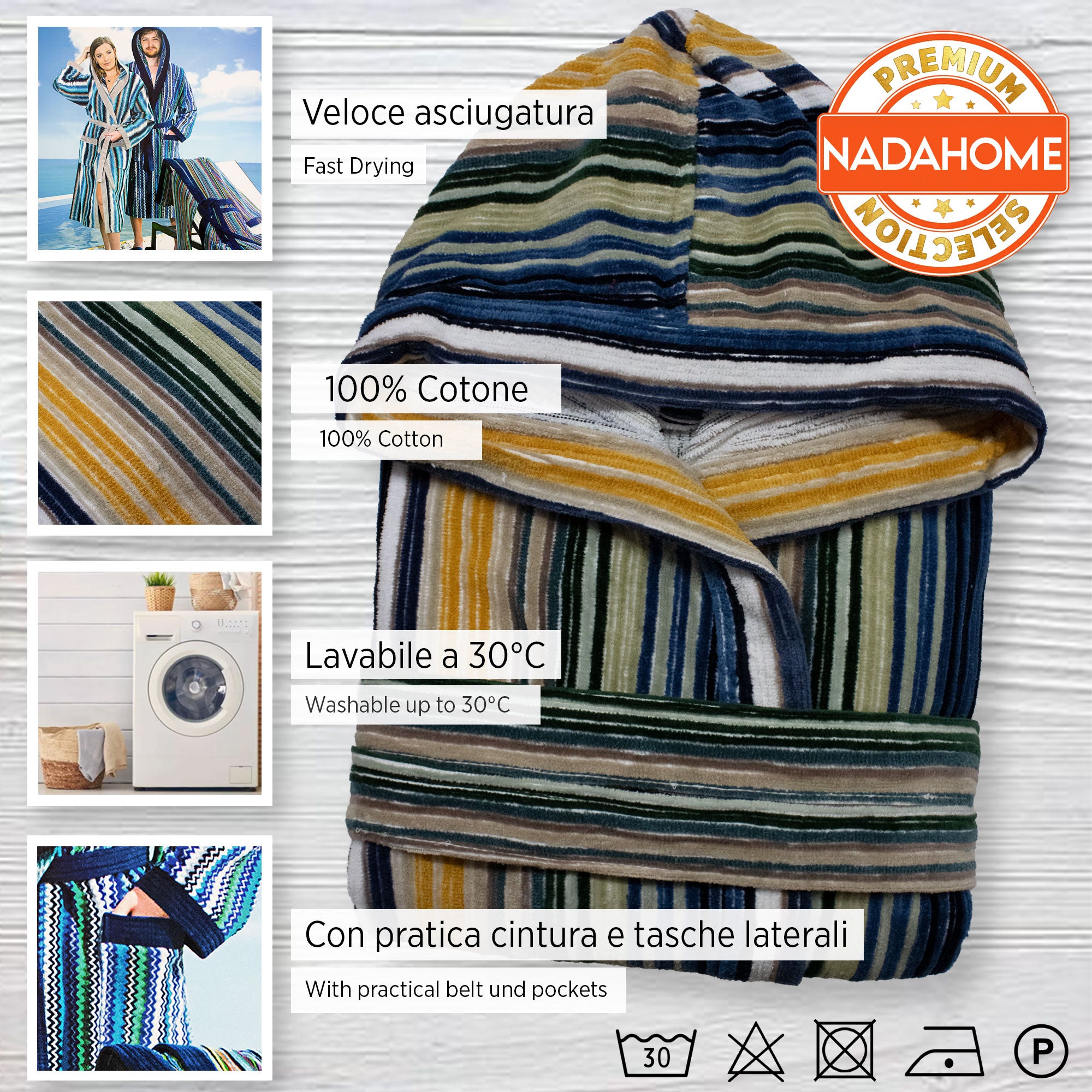 Accappatoio uomo donna in spugna velour cinigliato con cappuccio Jacquard 7126