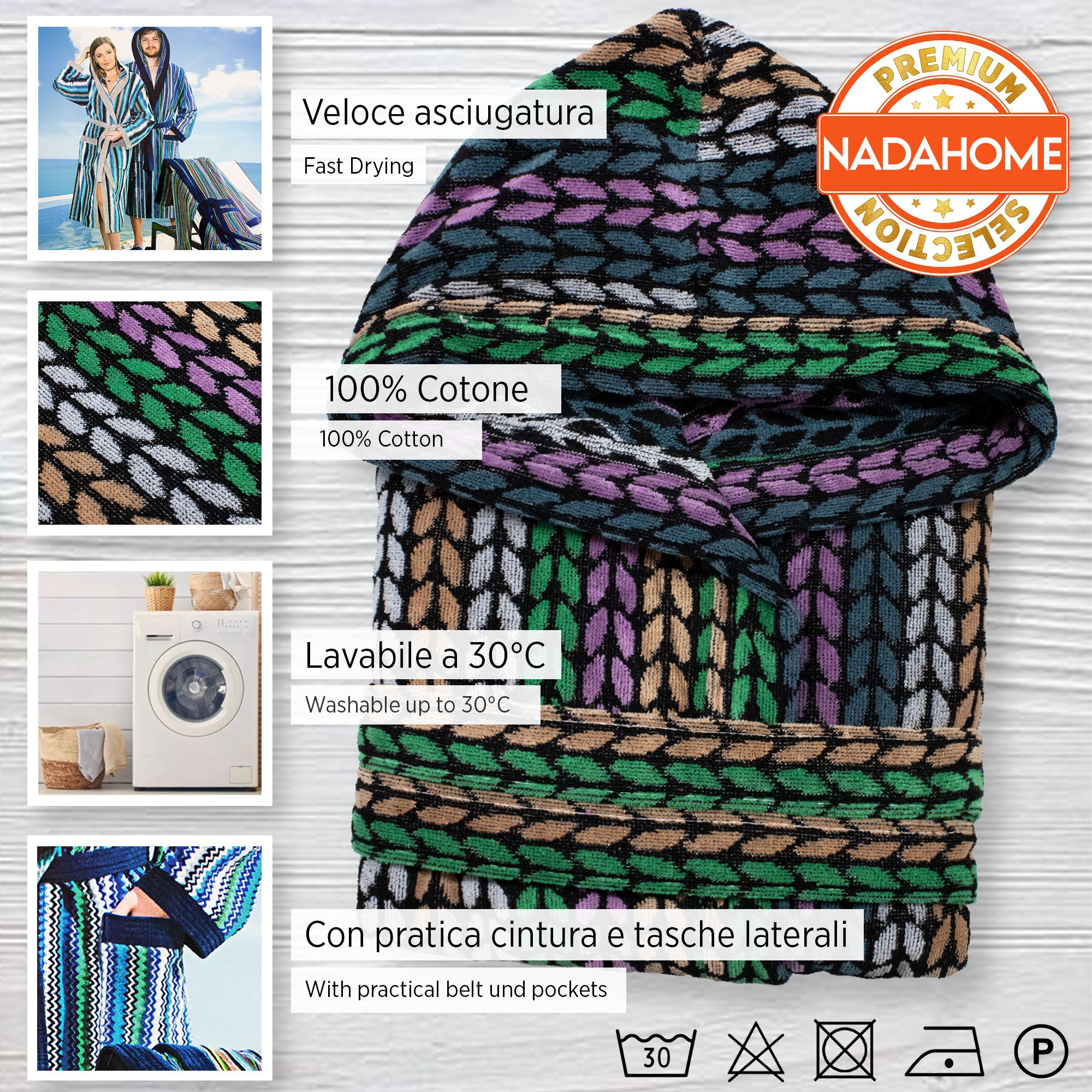 Accappatoio uomo donna in spugna velour cinigliato con cappuccio Jacquard 7126