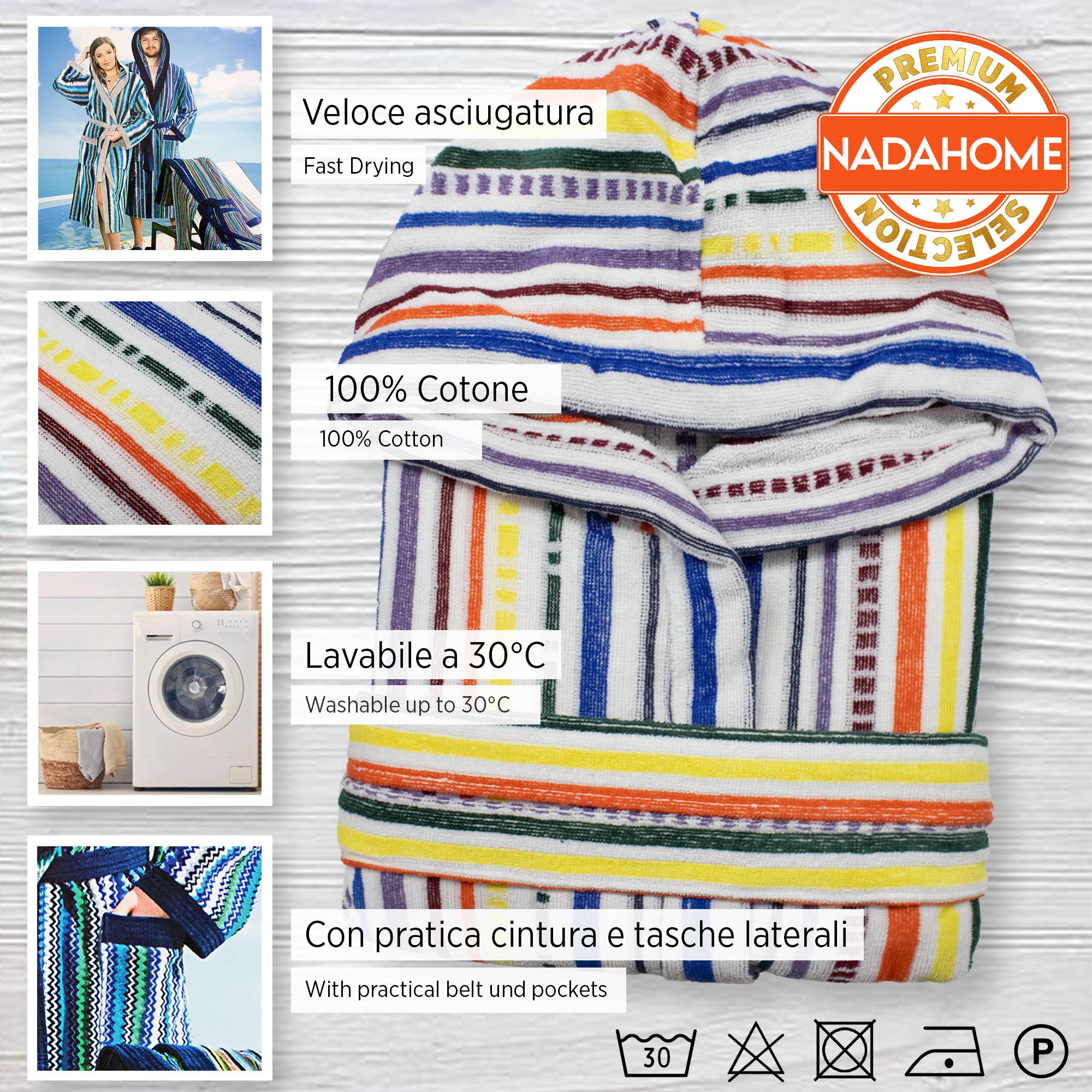 Accappatoio uomo donna in spugna velour cinigliato con cappuccio Jacquard 7126