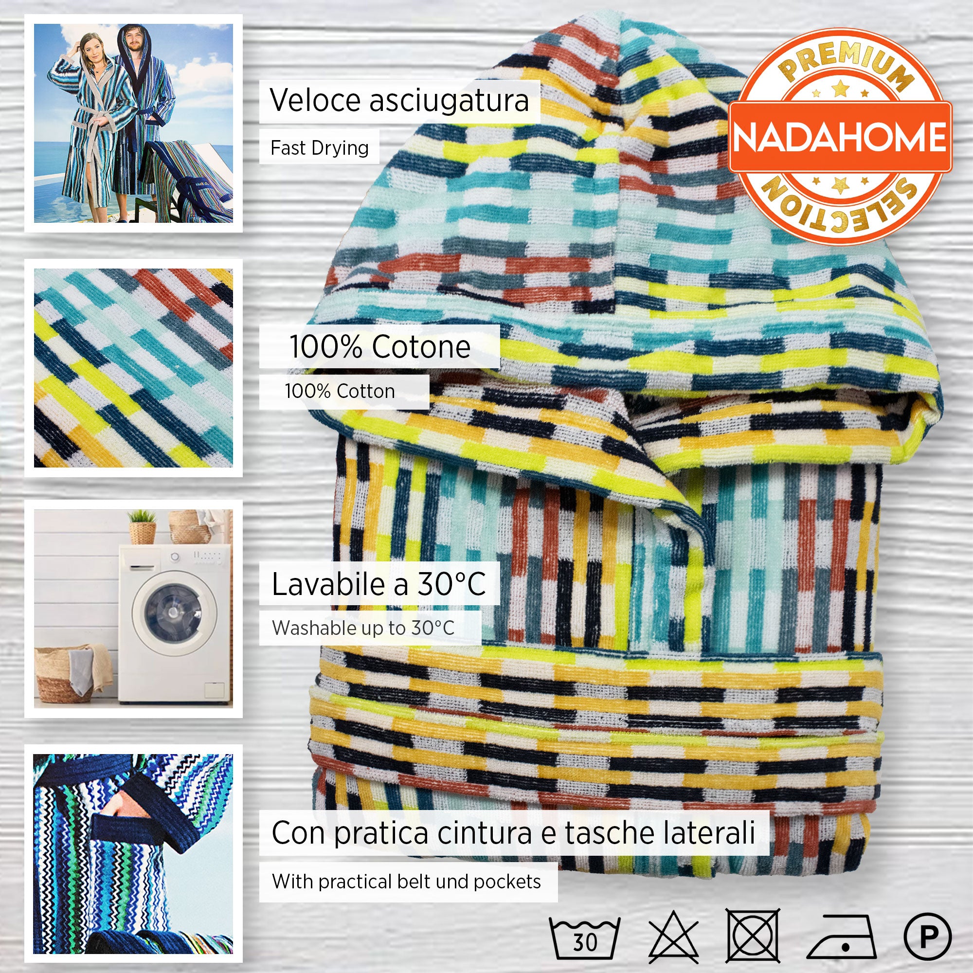 Accappatoio uomo donna in spugna velour cinigliato con cappuccio Jacquard 7126