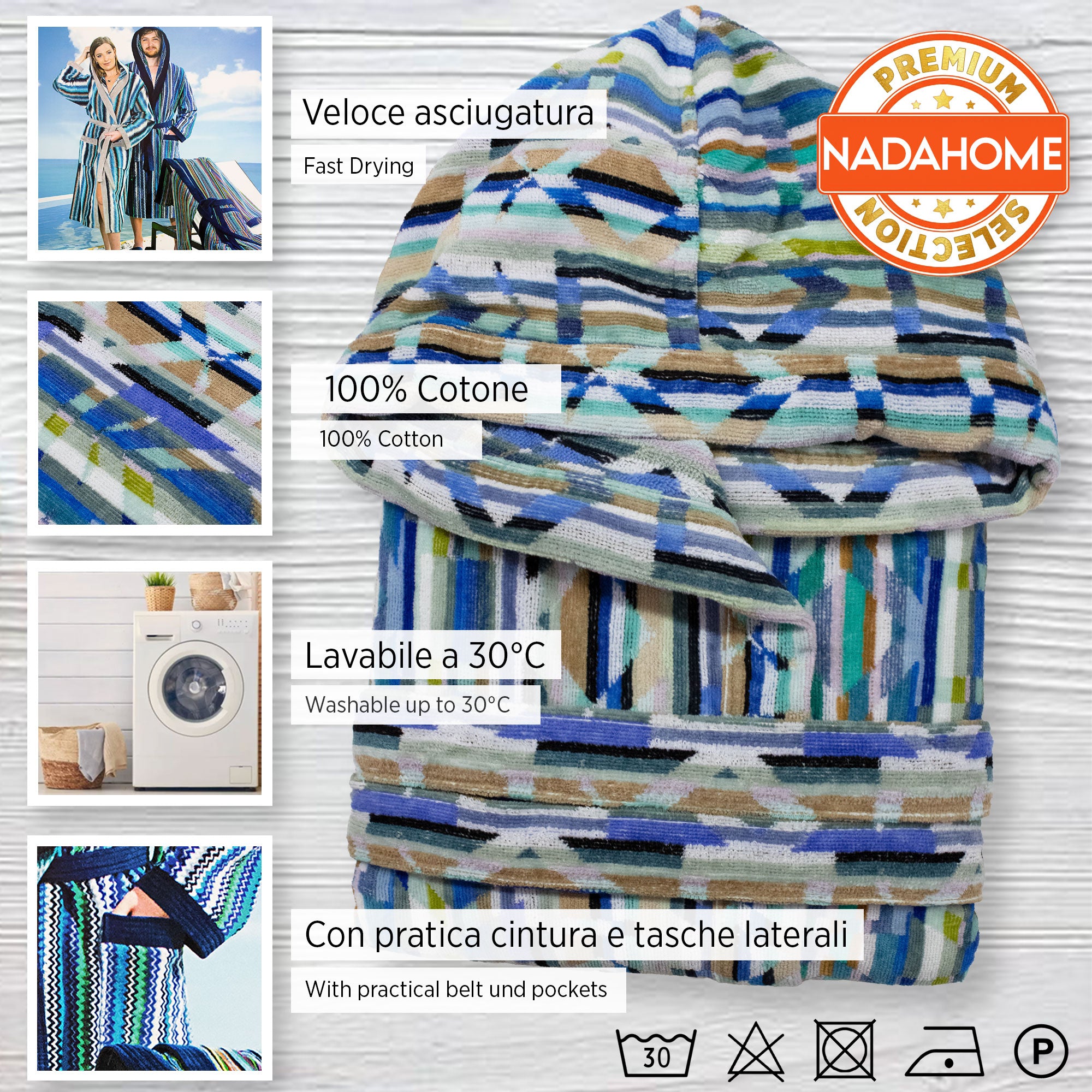 Accappatoio uomo donna in spugna velour cinigliato con cappuccio Jacquard 7126