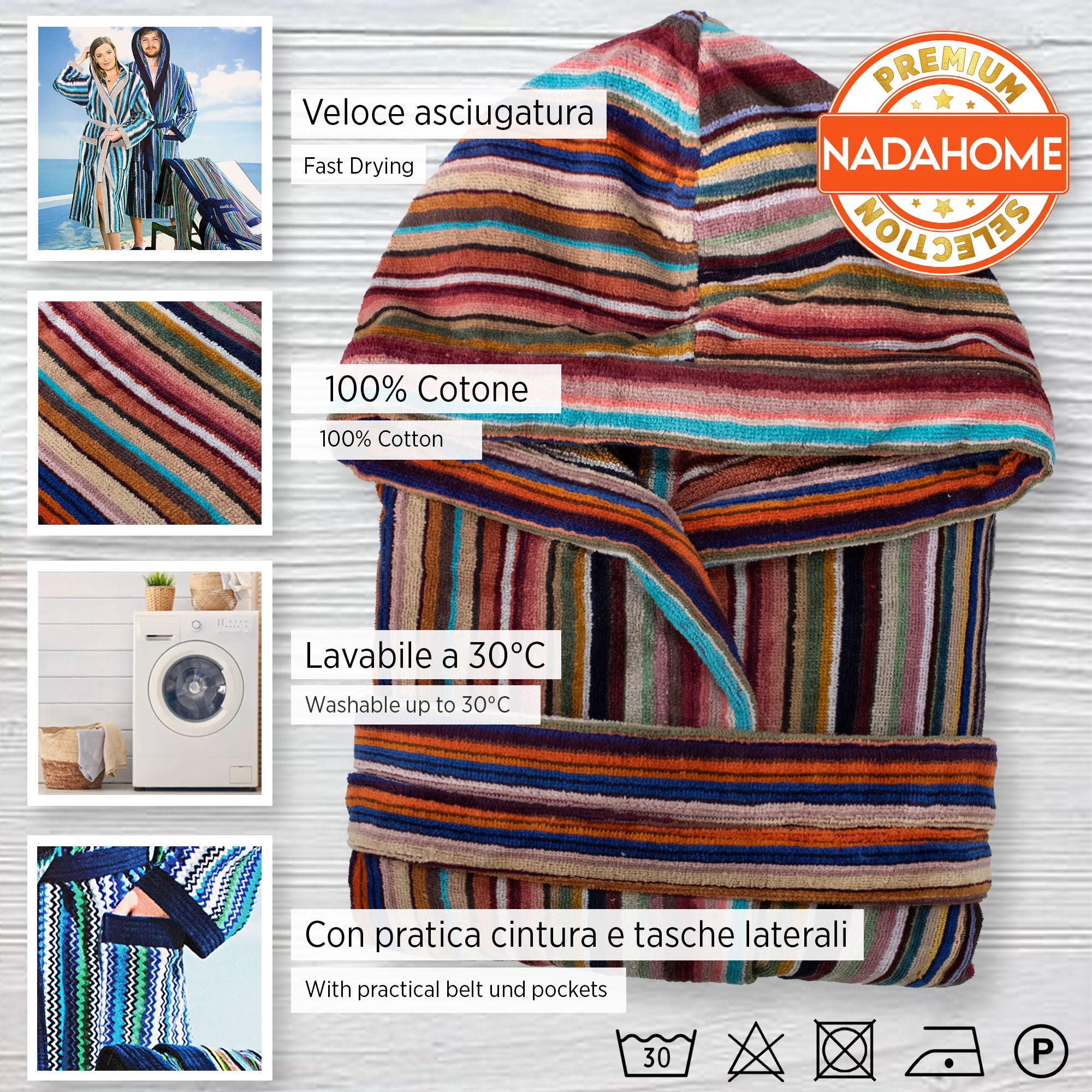 Accappatoio uomo donna in spugna velour cinigliato con cappuccio Jacquard 7126