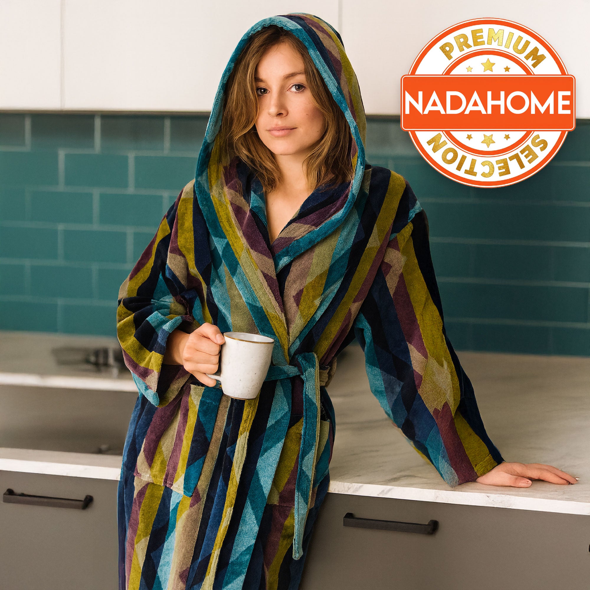 Accappatoio uomo donna in spugna velour cinigliato con cappuccio Jacquard 7126