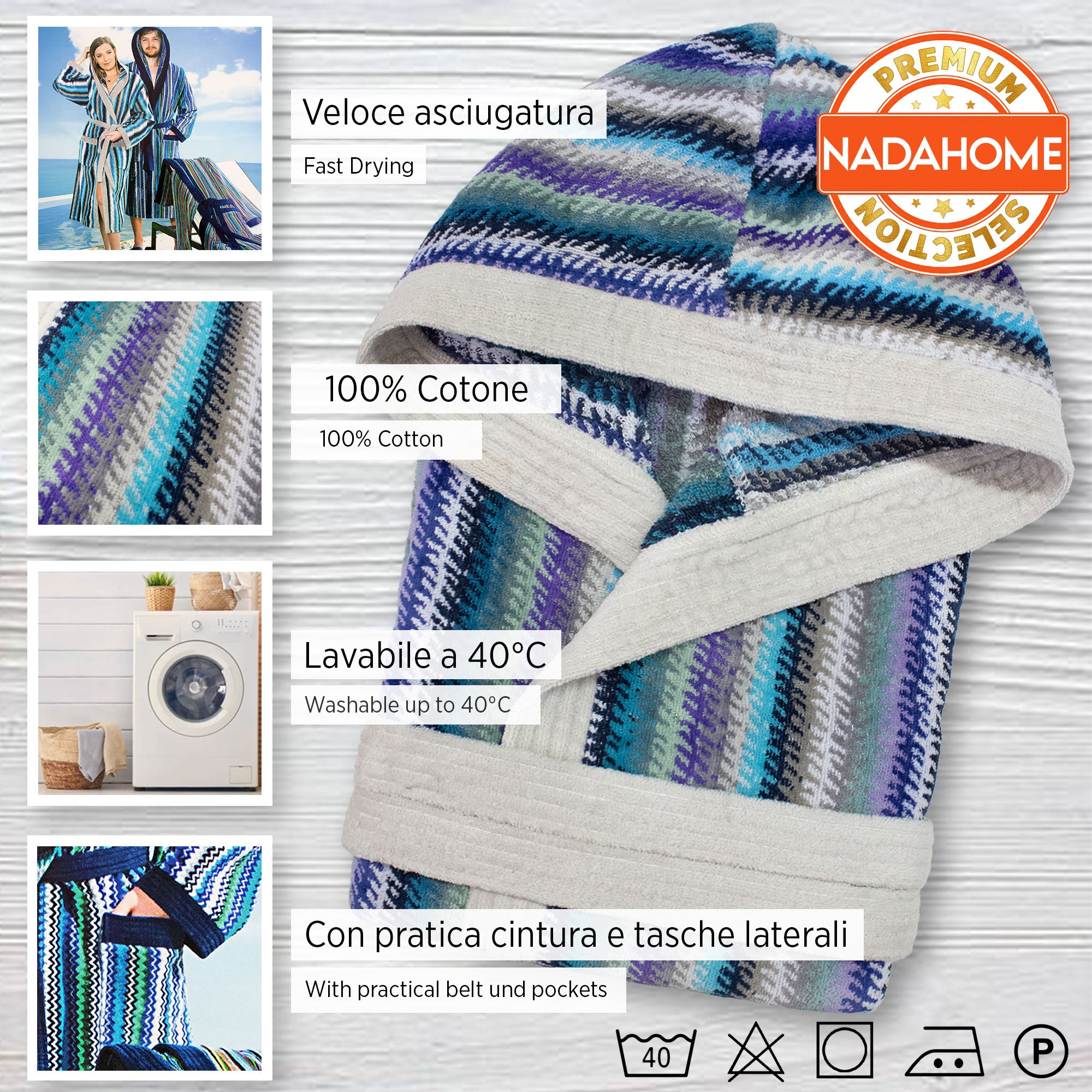 Accappatoio uomo donna in spugna velour cinigliato con cappuccio Jacquard 7126