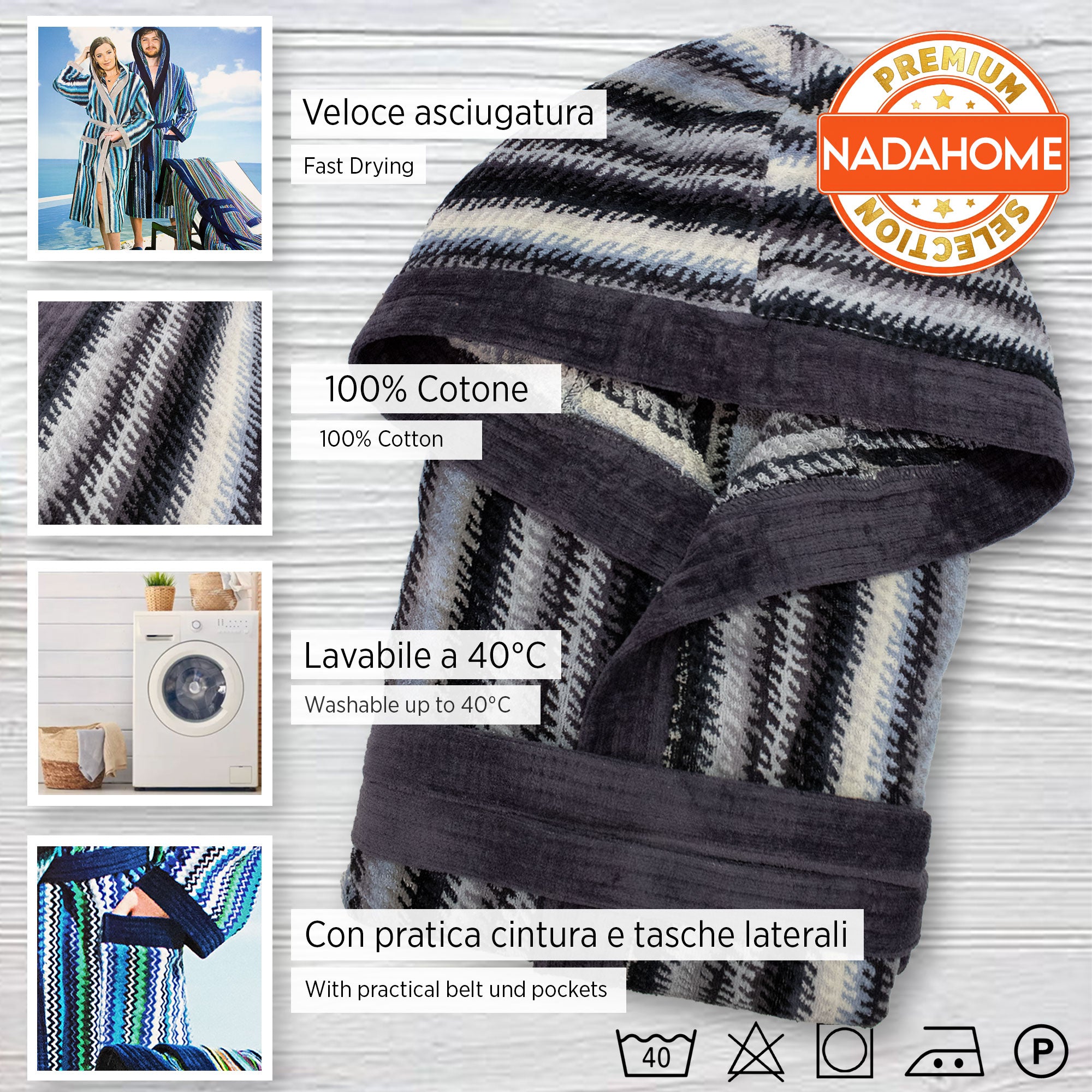 Accappatoio uomo donna in spugna velour cinigliato con cappuccio Jacquard 7126