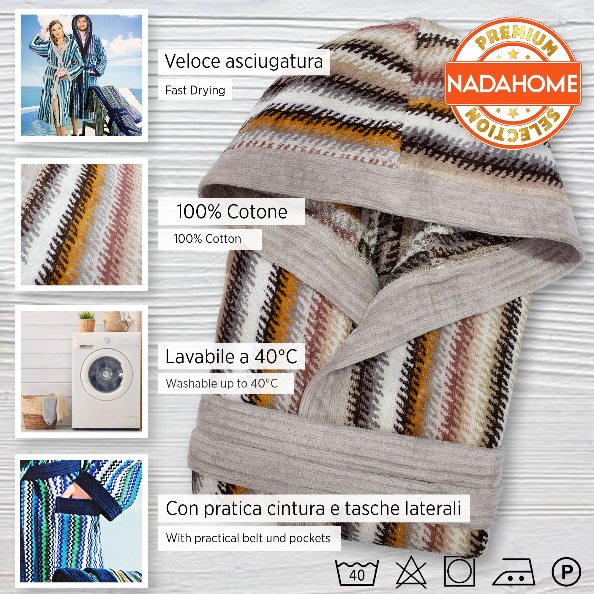 Accappatoio uomo donna in spugna velour cinigliato con cappuccio Jacquard 7126