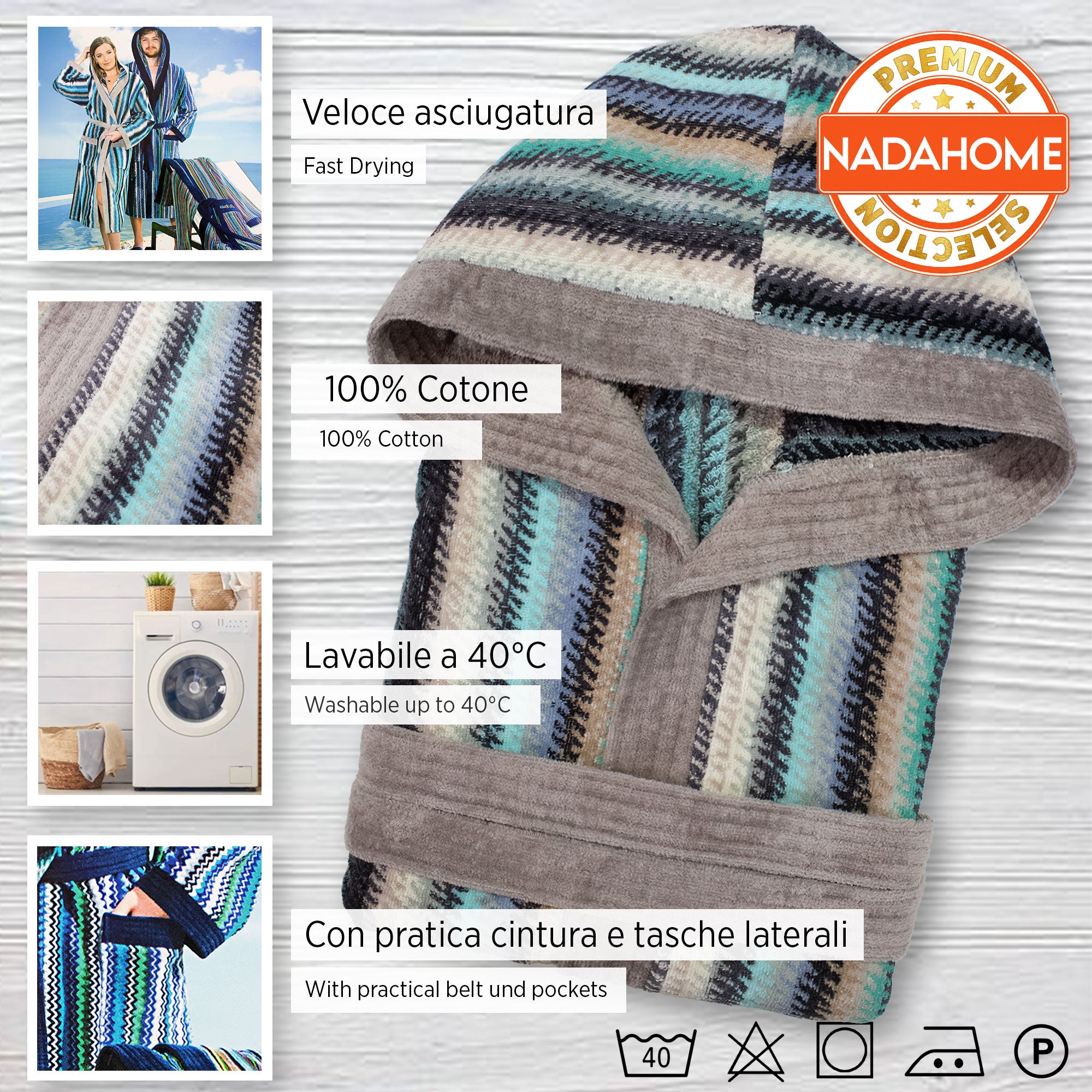 Accappatoio uomo donna in spugna velour cinigliato con cappuccio Jacquard 7126