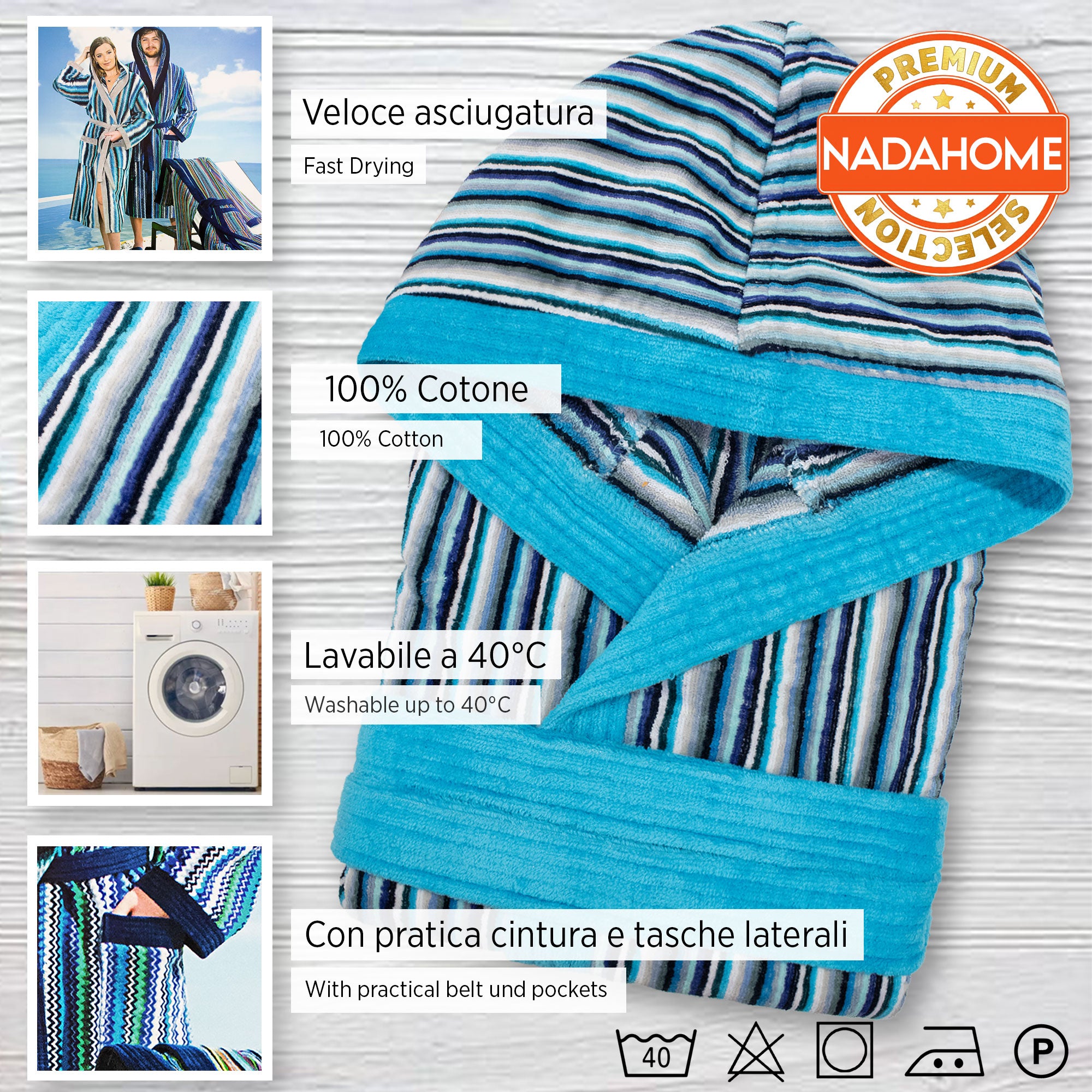 Accappatoio uomo donna in spugna velour cinigliato con cappuccio Jacquard 7126