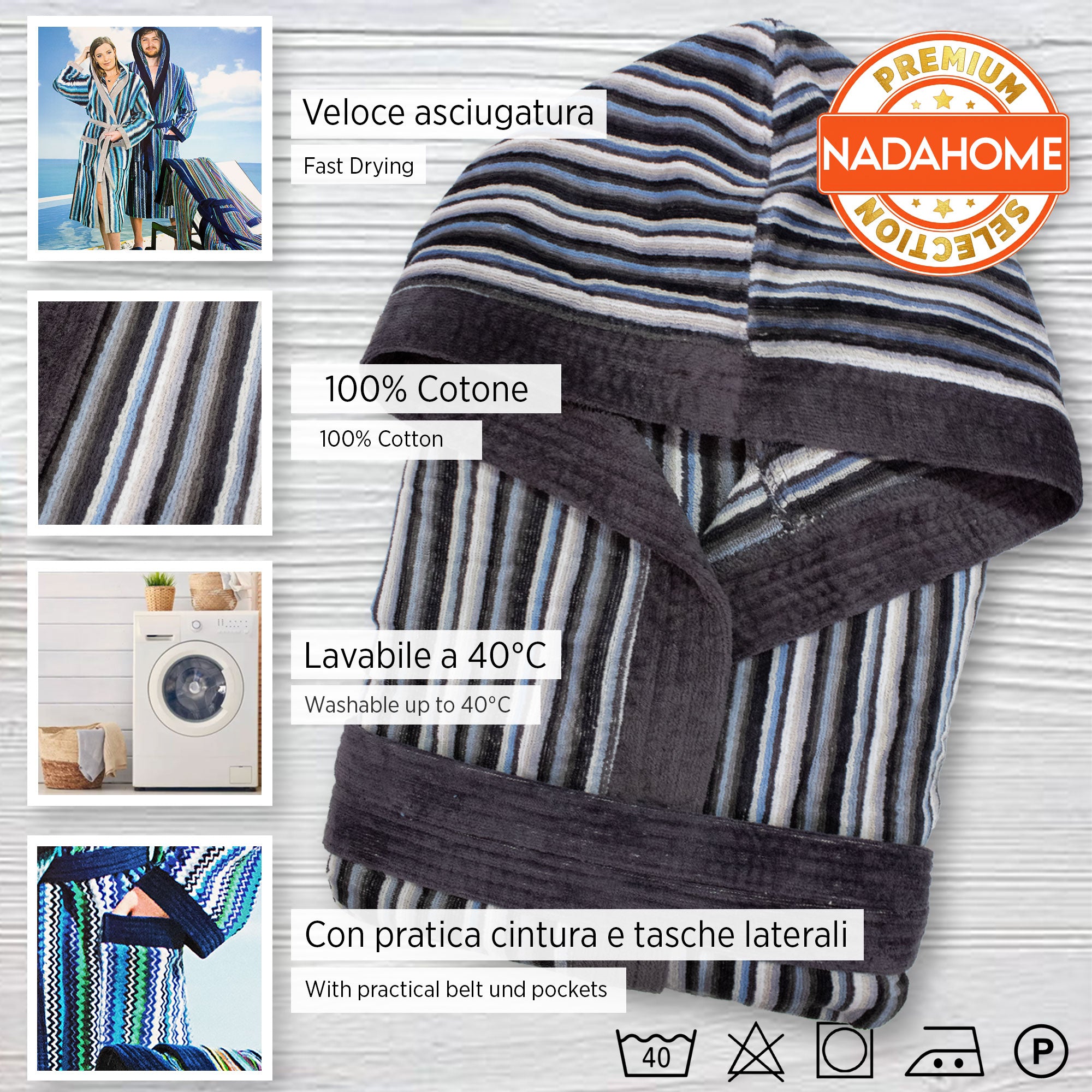 Accappatoio uomo donna in spugna velour cinigliato con cappuccio Jacquard 7126