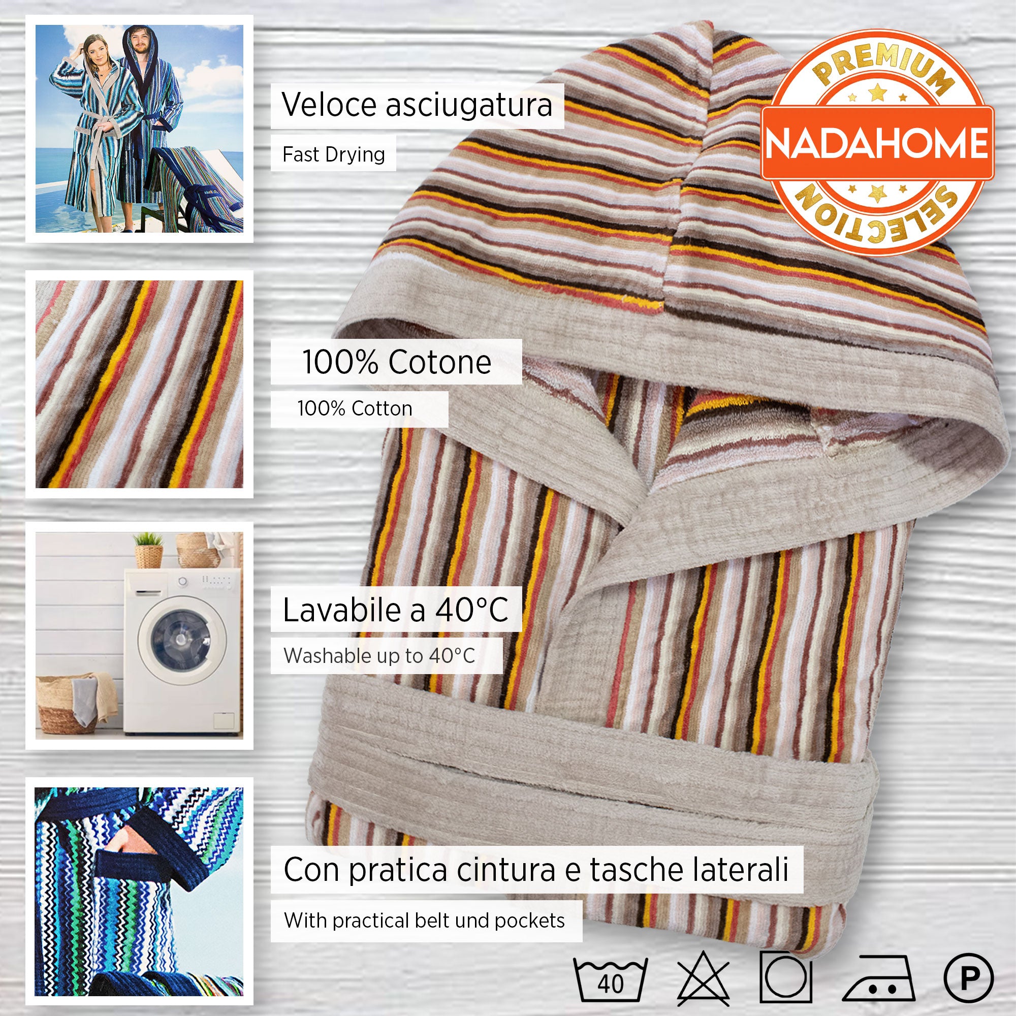 Accappatoio uomo donna in spugna velour cinigliato con cappuccio Jacquard 7126