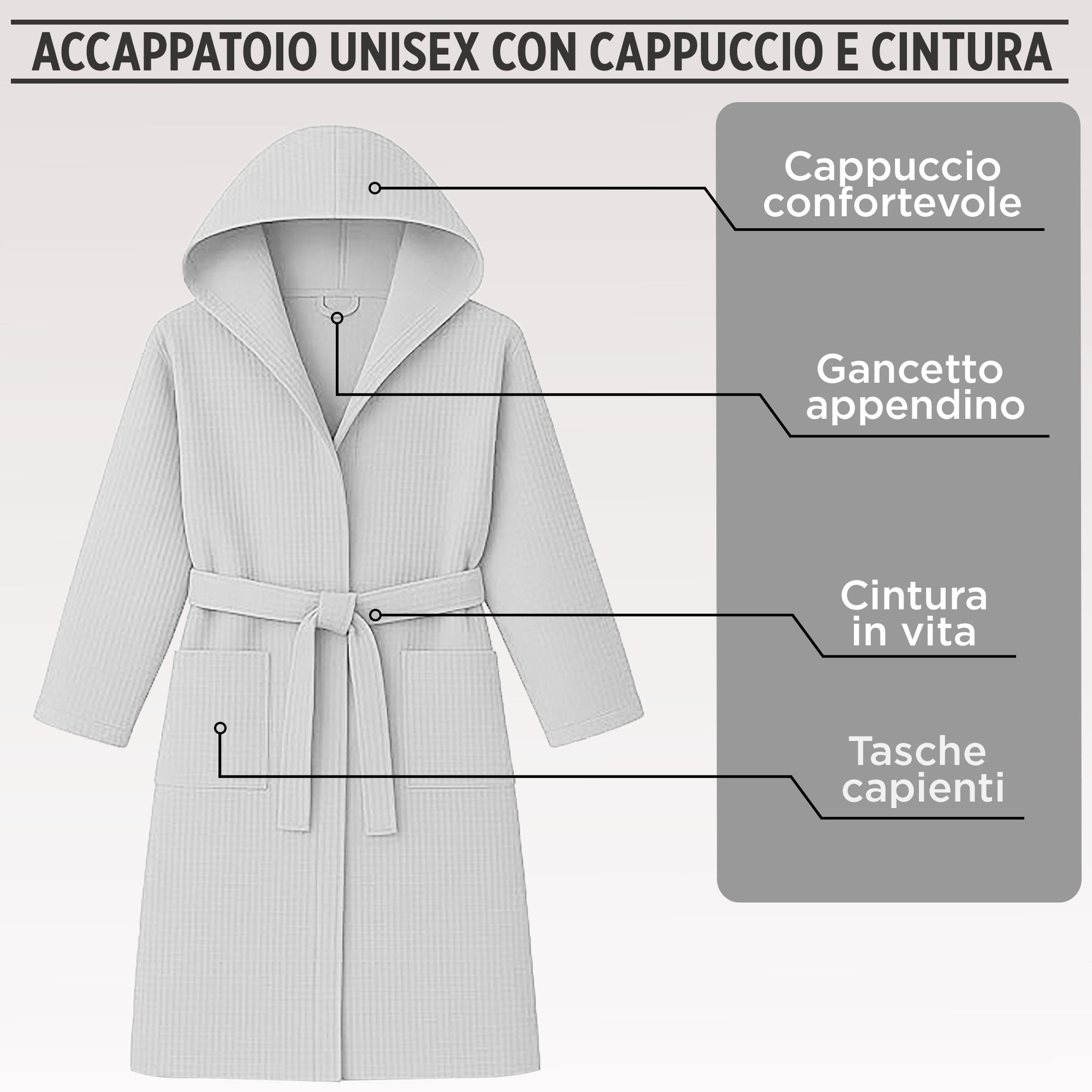 Accappatoio Nido d’Ape Unisex Uomo Donna leggero con Cappuccio e tasche 7130