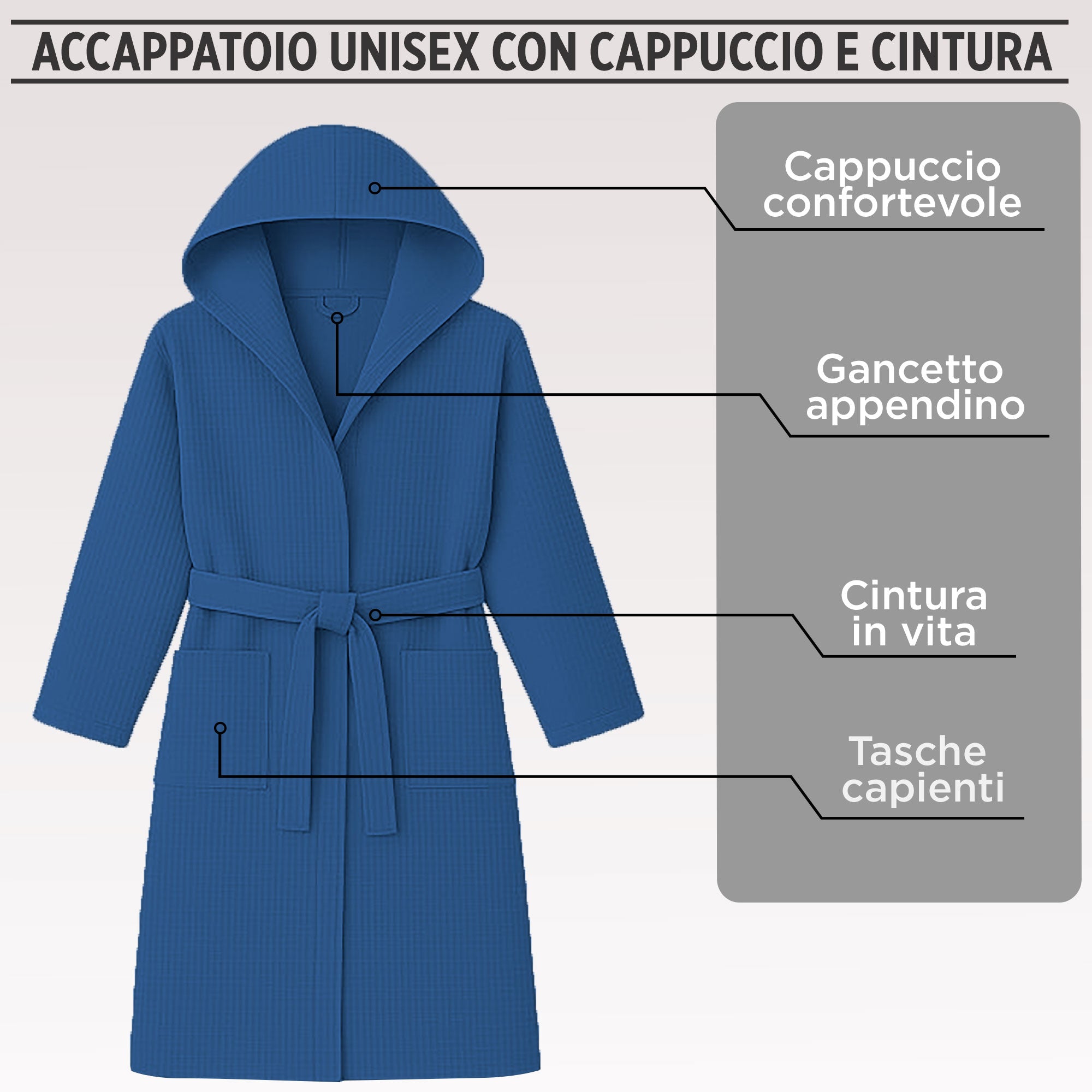 Accappatoio Nido d’Ape Unisex Uomo Donna leggero con Cappuccio e tasche 7130