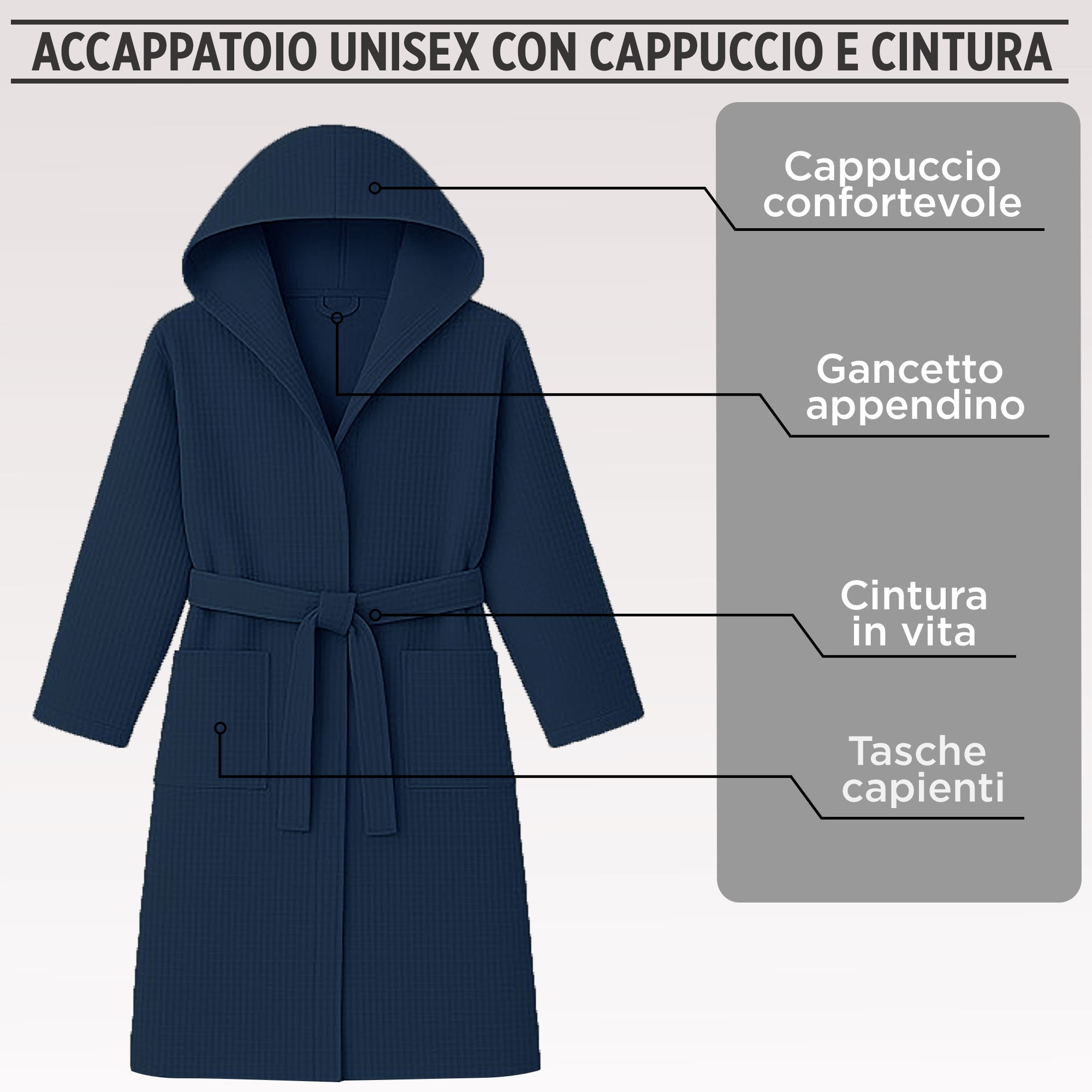 Accappatoio Nido d’Ape Unisex Uomo Donna leggero con Cappuccio e tasche 7130