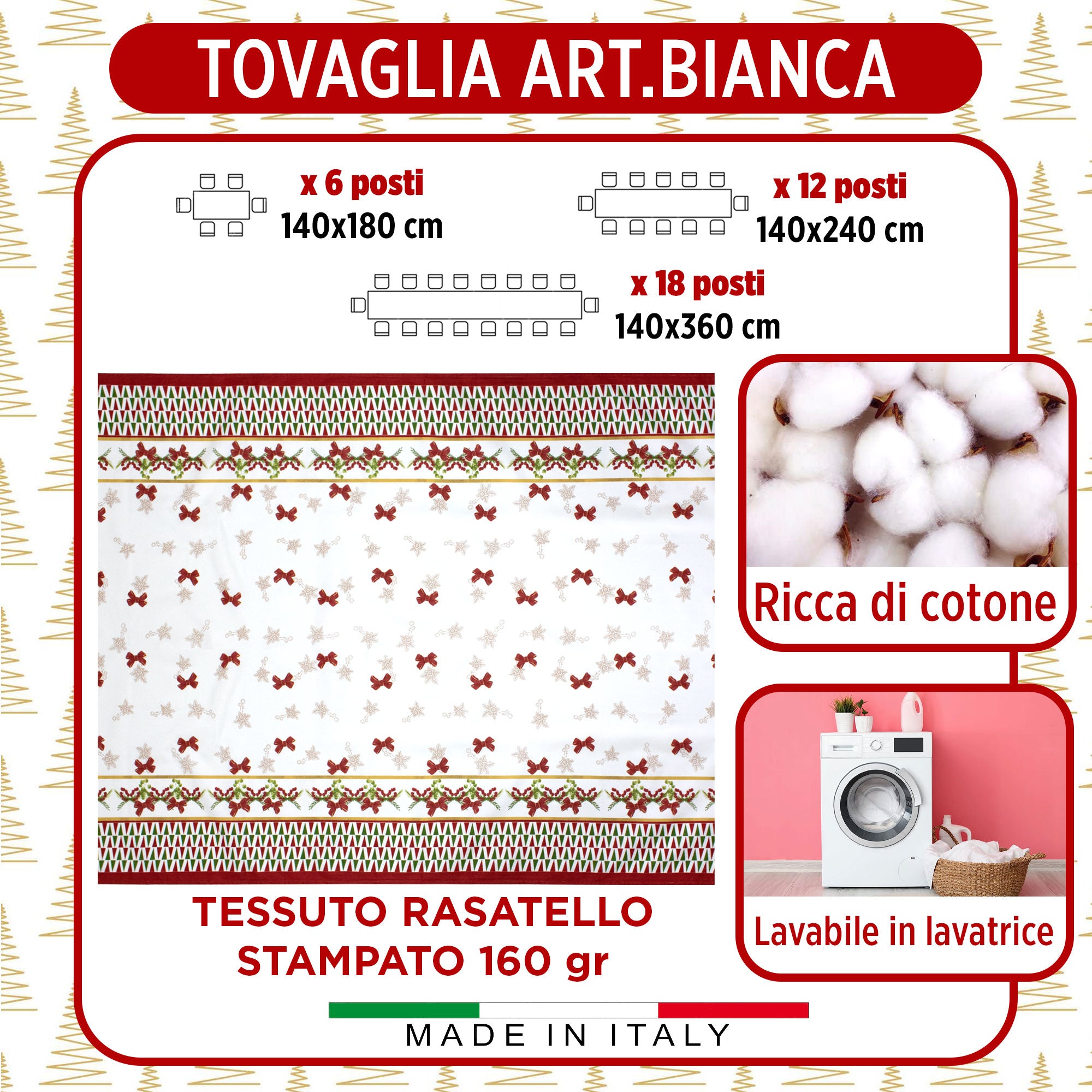 Tovaglia Natalizia in Rasatello Made in Italy Decoro Natale varie misure 7132