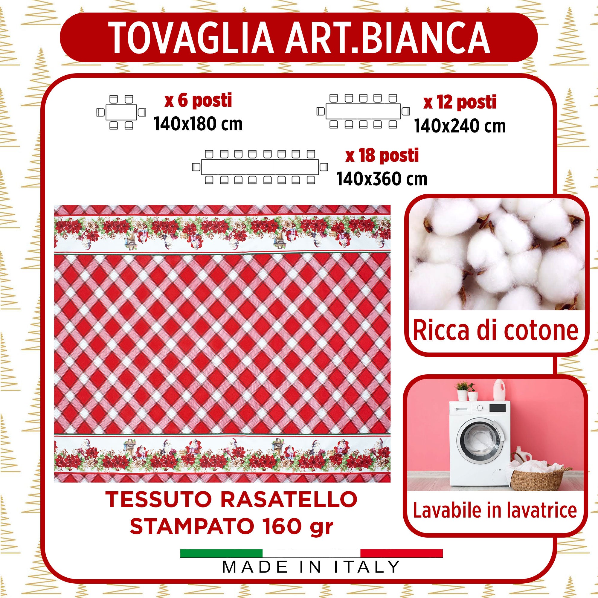 Tovaglia Natalizia in Rasatello Made in Italy Decoro Natale varie misure 7132